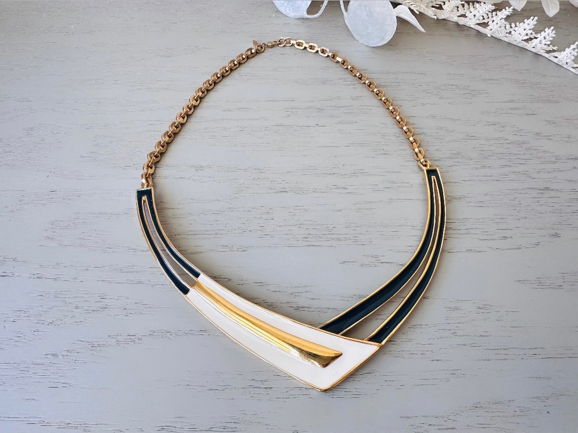 Vintage Monet Navy Cream Gold Enamel Crescent Pendant Choker Necklace - Designer Retro Jewelry for Women | Perfect for Parties, Weddings & Vintage Fashion Outfits