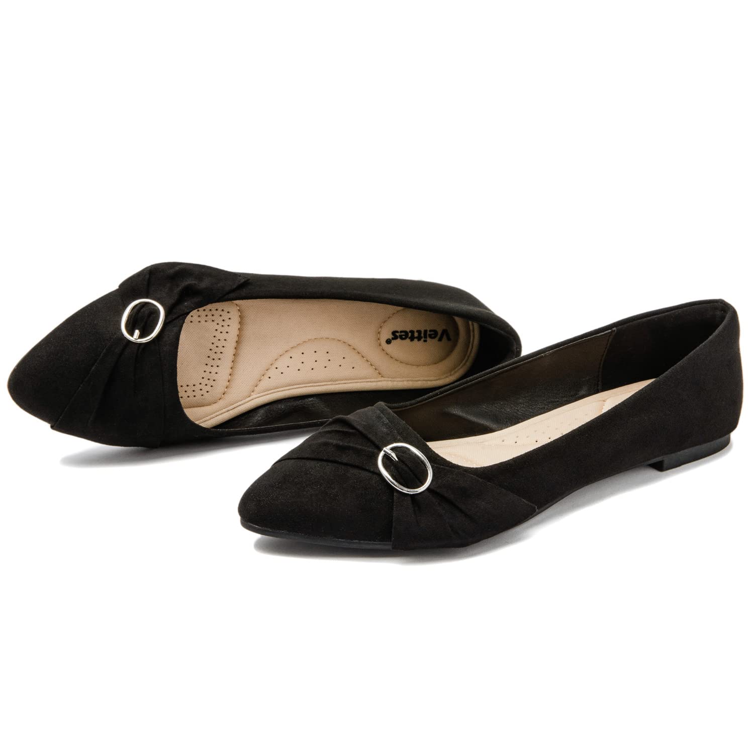 Veittes Women's Wide Width Pointed Toe Suede Flats - Comfortable Dress Shoes for Work, Office & Formal Occasions