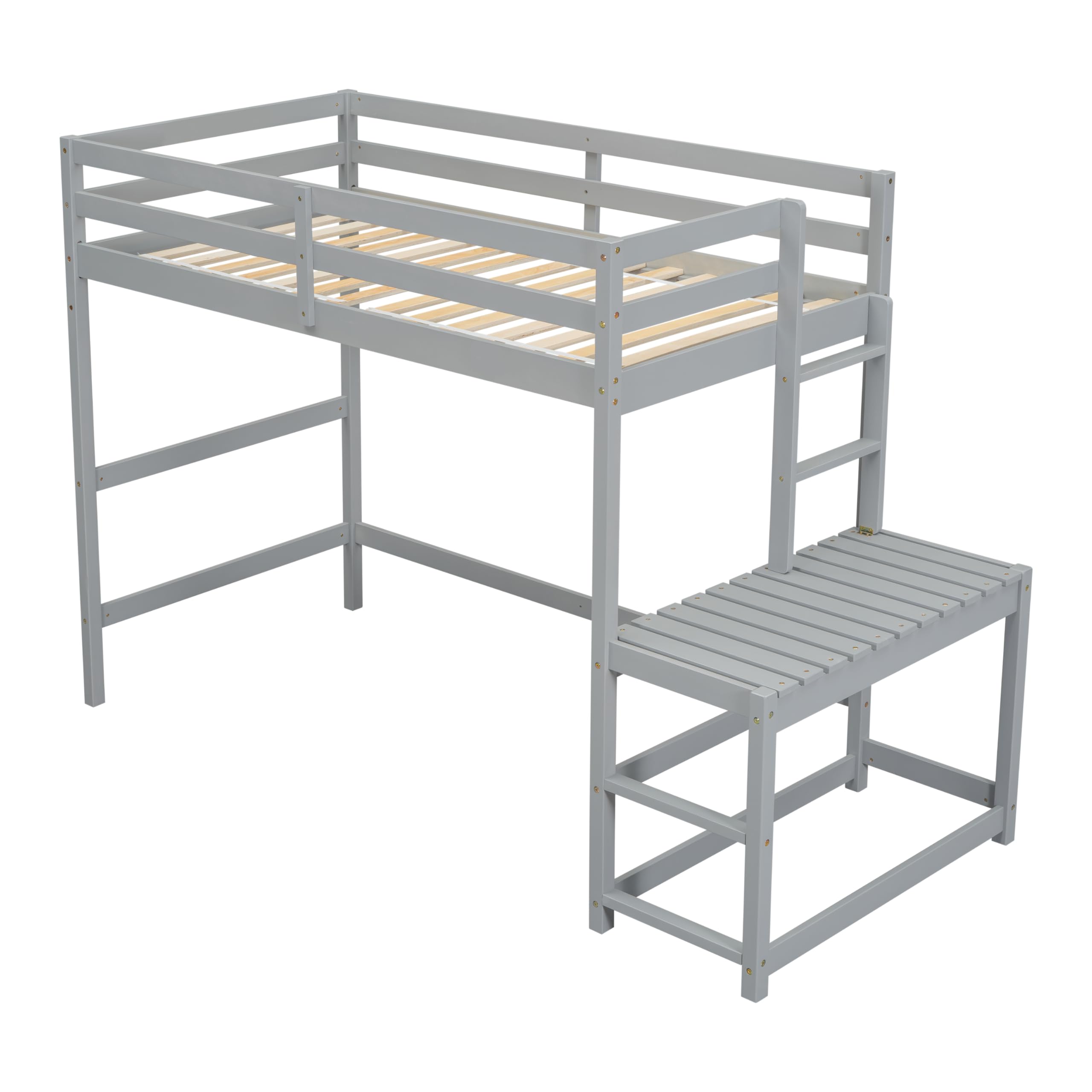**Twin Size Wooden Loft Bed with Ladder, Guardrails & Landing Platform – Space-Saving High Loft Bed with Slats Support & Under-Bed Storage – No Box Spring Needed (Gray) – Perfect for Kids, Teens & Small Bedrooms**