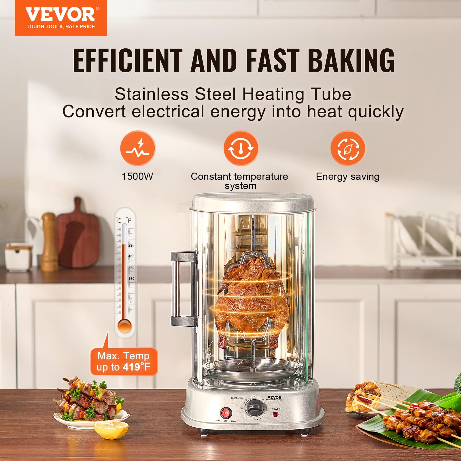 VEVOR Electric Shawarma Grill Machine - Stainless Steel Vertical Chicken Rotisserie Oven for Gyro, Doner Kebab & Shawarma | Commercial & Home Use for Restaurants, Kitchens & Parties | Perfect for Mediterranean Cuisine, Food Trucks & Catering Events