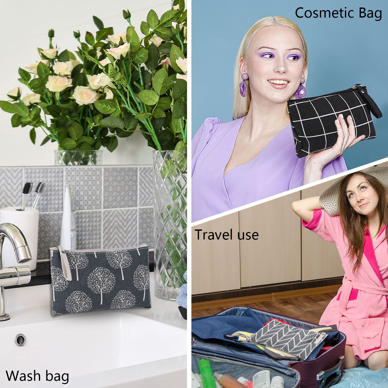 SUMAJU 4 Pack Canvas Makeup Bags for Travel - Waterproof Cosmetic Organizer Pouch with Zipper, Toiletry Bag for Women - Perfect for Vacation, Gym, Daily Use & Christmas Stocking Stuffers Gifts