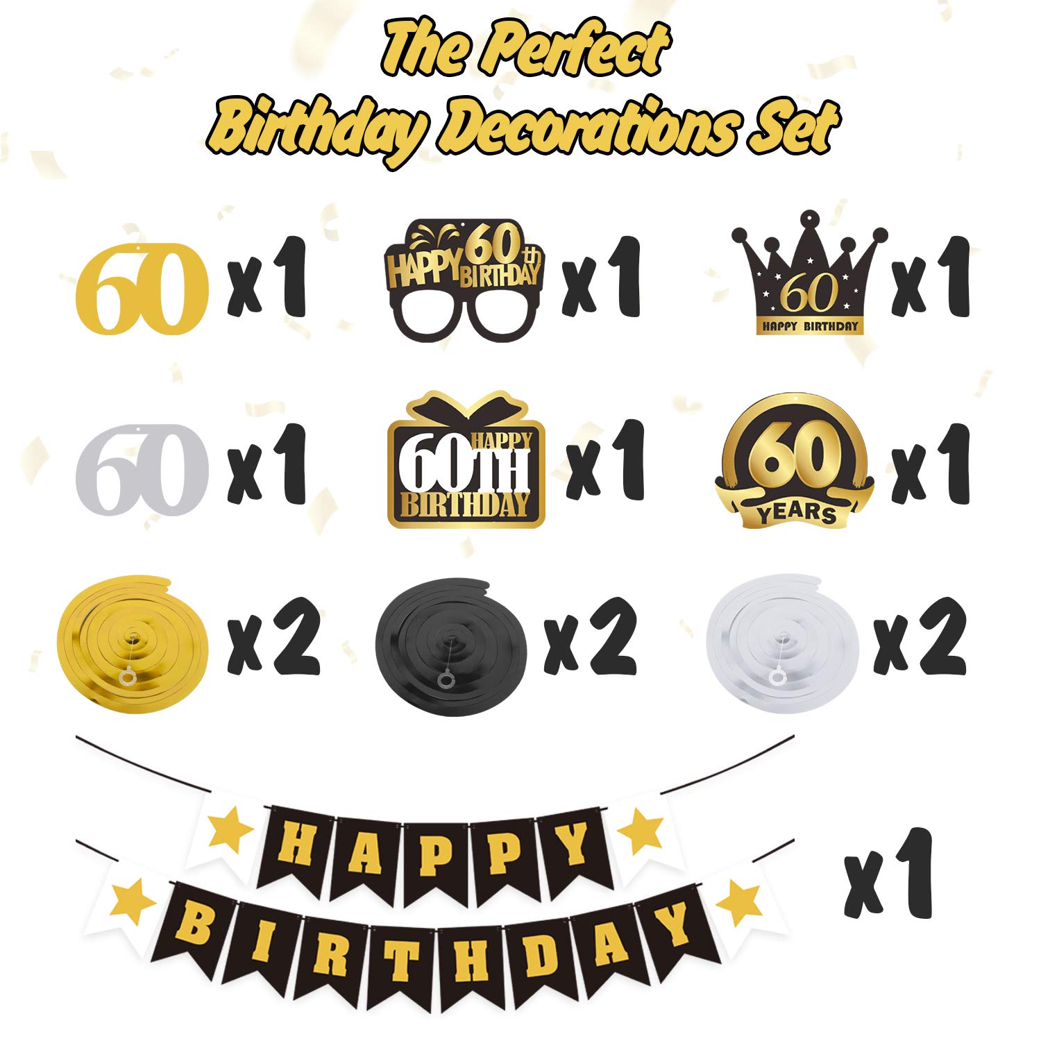 LINGTEER 60th Birthday Decorations Set - Swirl Streamers, Happy Birthday Banner, Backdrop for 60 Years Old Party | Perfect for Milestone Birthday Celebrations, Retirement Parties & Anniversary Decor
