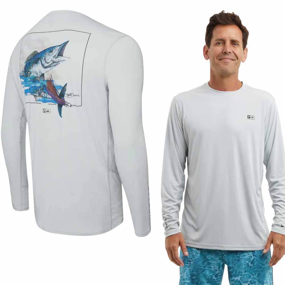 Pelagic Vaportek LS Light Gray Goione Wahoo Performance Fishing Shirt - Ideal for Saltwater Fishing and Offshore Angling