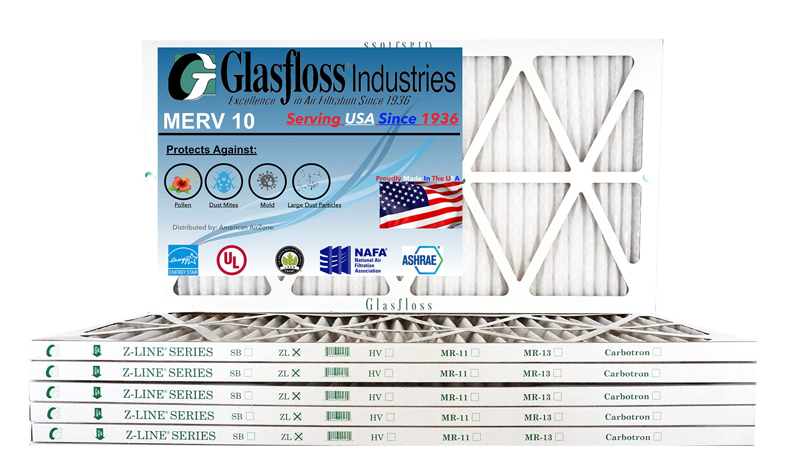 Glasfloss 14x28x1 MERV 10 Air Filter - 6 Pack Premium Pleated HVAC Furnace Filters - Made in USA (13.5