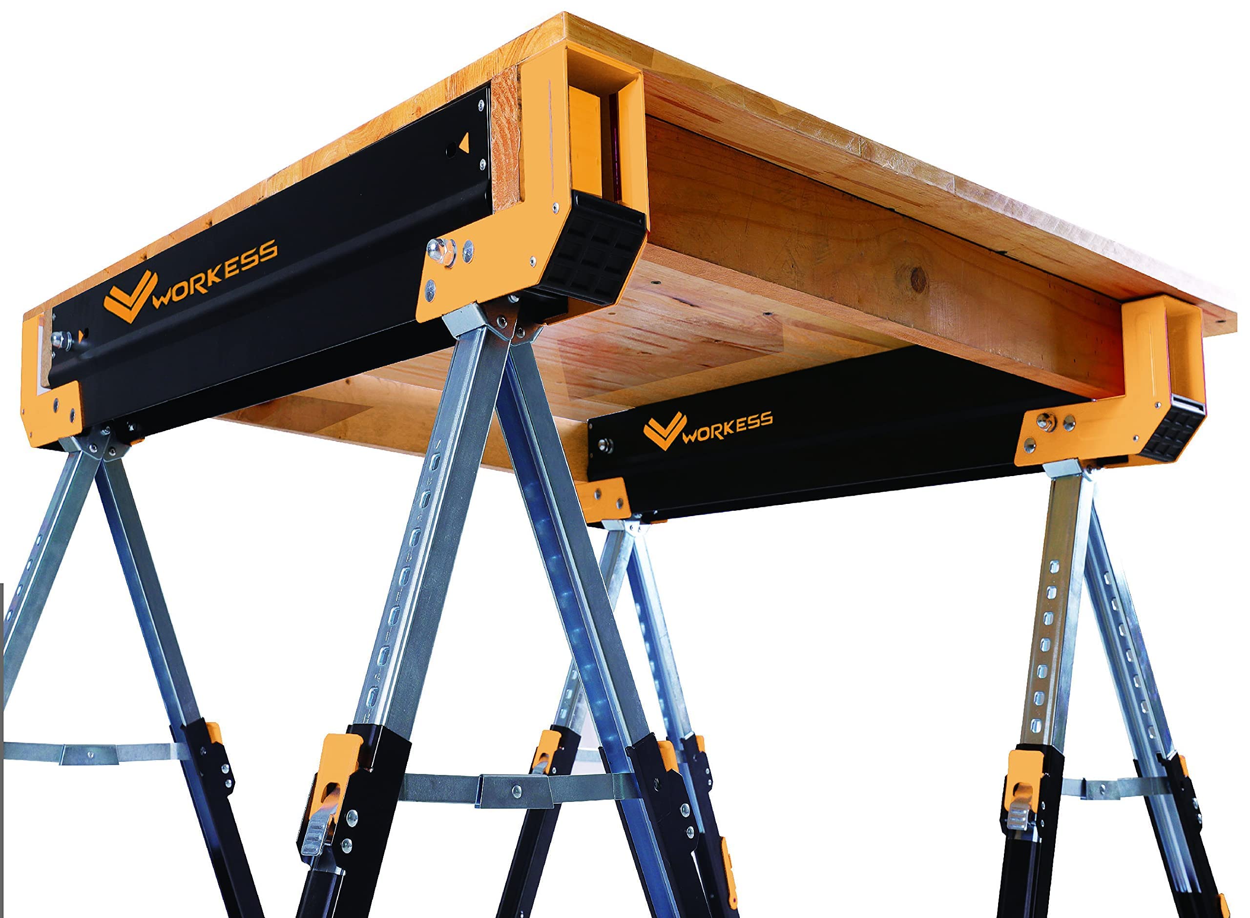 Heavy Duty Folding Saw Horses 2 Pack - 2600 Lbs Capacity, Adjustable Height 24-32 Inch with 2x4 Support Arms - Portable Workbench for Woodworking, Construction & DIY Projects - Easy Grip Handle & Foldable Legs for Compact Storage