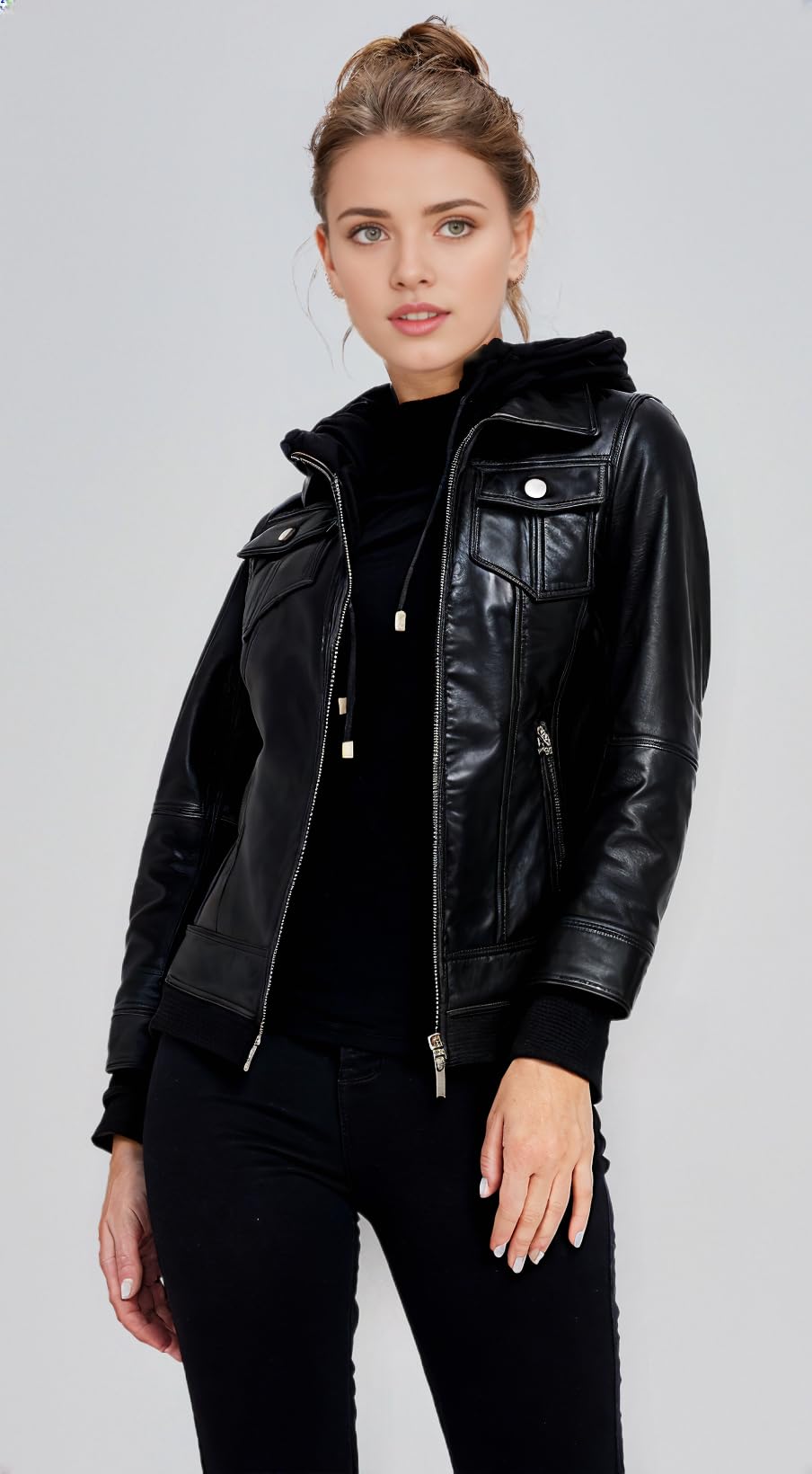VearFit Women's Genuine Leather Bomber Jacket with Removable Hood - Stylish Outerwear for Casual Wear, Night Out, and Travel