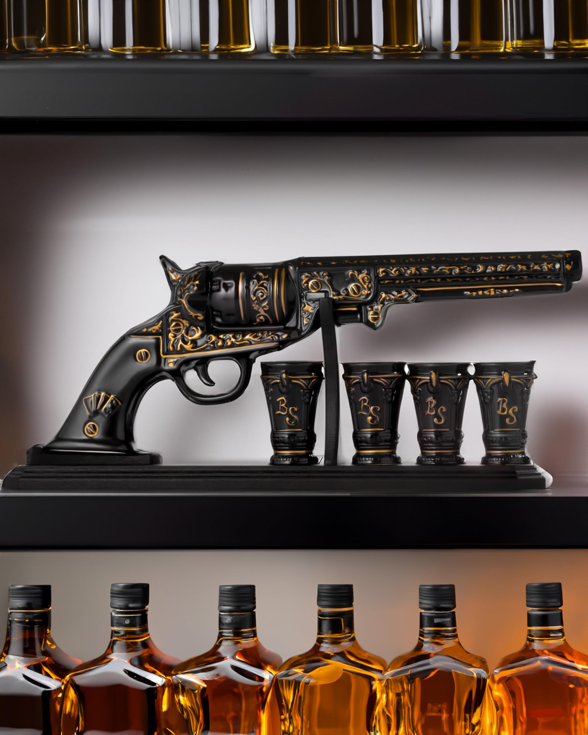 Ceramic Pistol Gun Whiskey Decanter Set with 4 Shot Glasses - 500ml Tequila & Scotch Alcohol Gift Set for Men - Perfect for Bourbon, Whiskey, or Tequila Tasting Parties, Man Cave Decor, and Unique Gifts for Gun Lovers