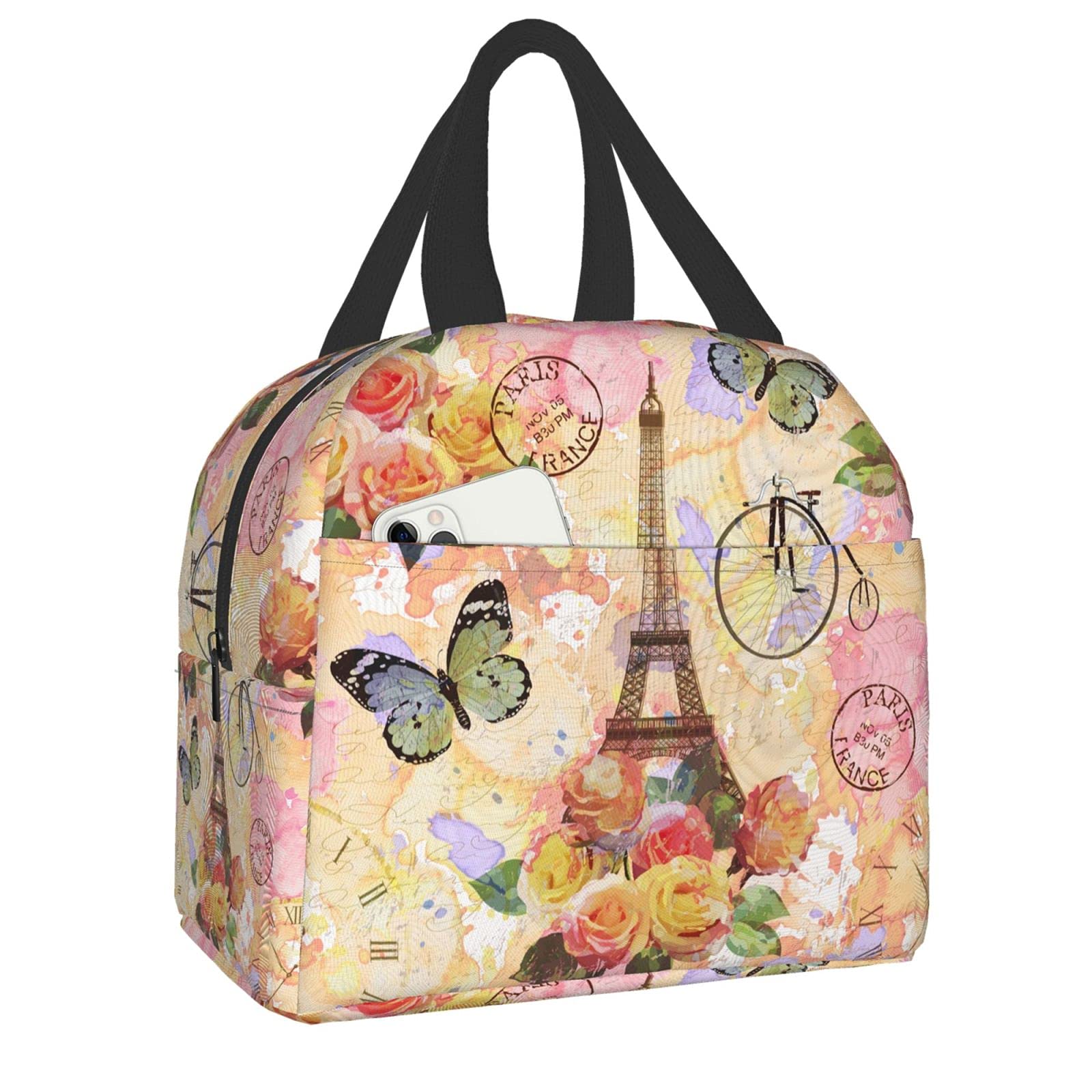 Paris Eiffel Tower Butterfly Floral Print Insulated Lunch Bag - Reusable Tote for Women & Men, School, Office, Work, Picnic & Travel