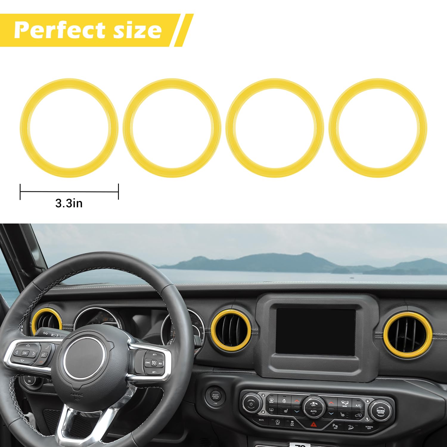 RT-TCZ Yellow Dash Air Vent Cover Trim Stickers for Jeep Wrangler JL JLU & Gladiator JT (2018-2023) - 4pcs Interior Accessories - Upgrade Your Ride's Style & Protection