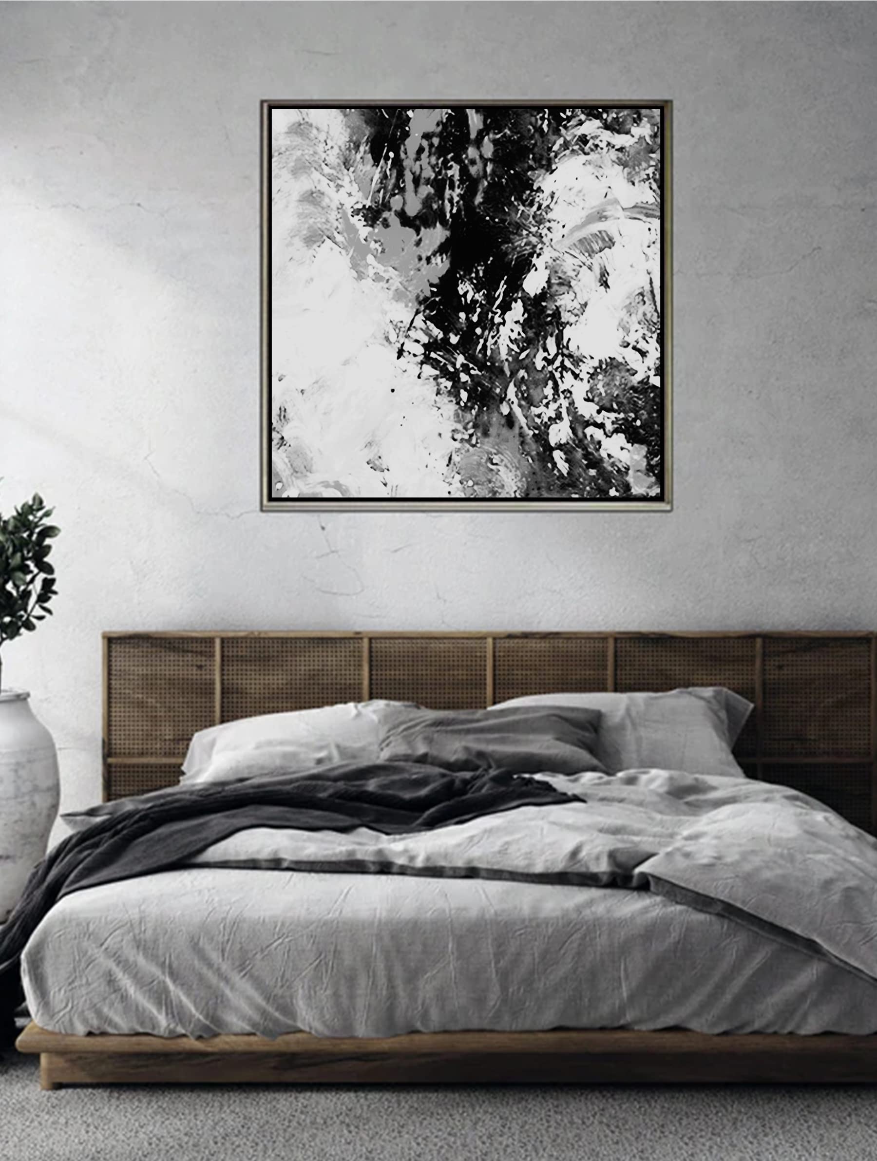 Modern Abstract Canvas Wall Art - Black White Gray Original Painting 50x50 Inches - Large Contemporary Home Decor for Living Room, Bedroom & Office