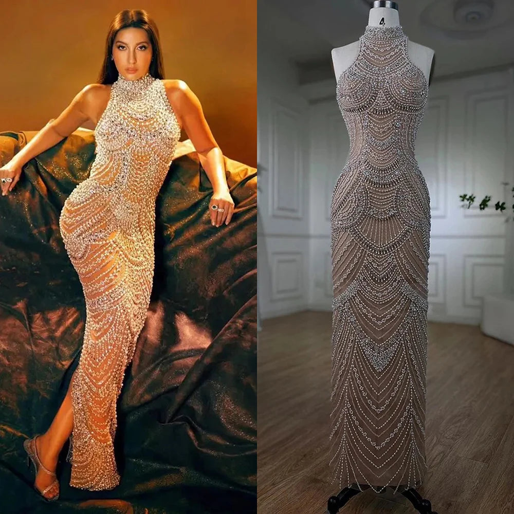Elegant Silver Nude Halter Sleeveless Pearls Beaded Mermaid Evening Gown 2025 - Women's Formal Party Dress for Prom, Wedding & Special Occasions - LA72091