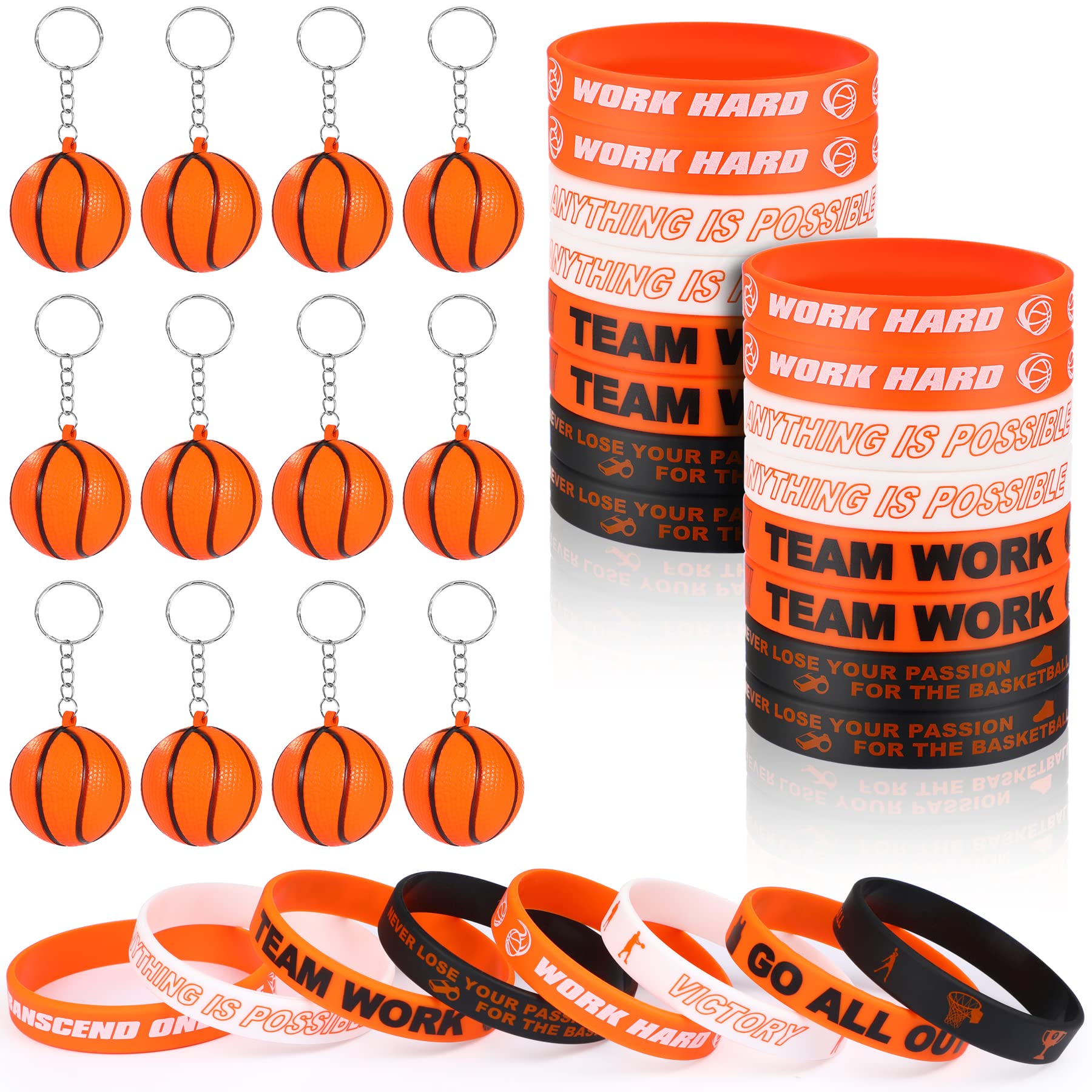 24-Pack Basketball Party Favors Set - 12 Orange Basketball Keychains & 12 Motivational Silicone Wristbands - Perfect for Basketball Birthday Decorations, Team Gifts & Sports Themed Party Supplies