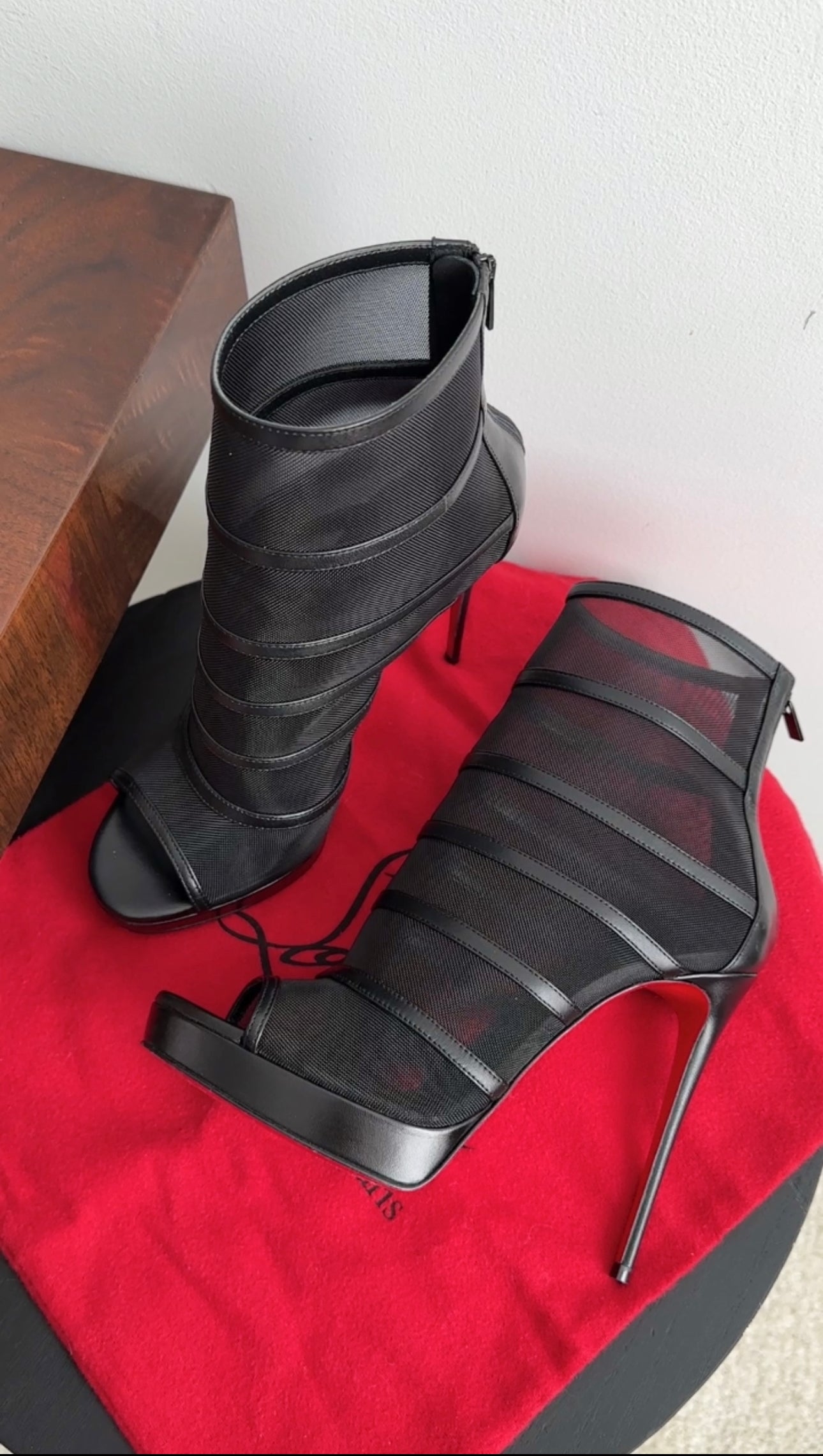 Christian Louboutin Black Leather & Mesh Doux Voile 120 Booties - Women's High Heel Ankle Boots Size 38 | Perfect for Evening Parties & Date Nights