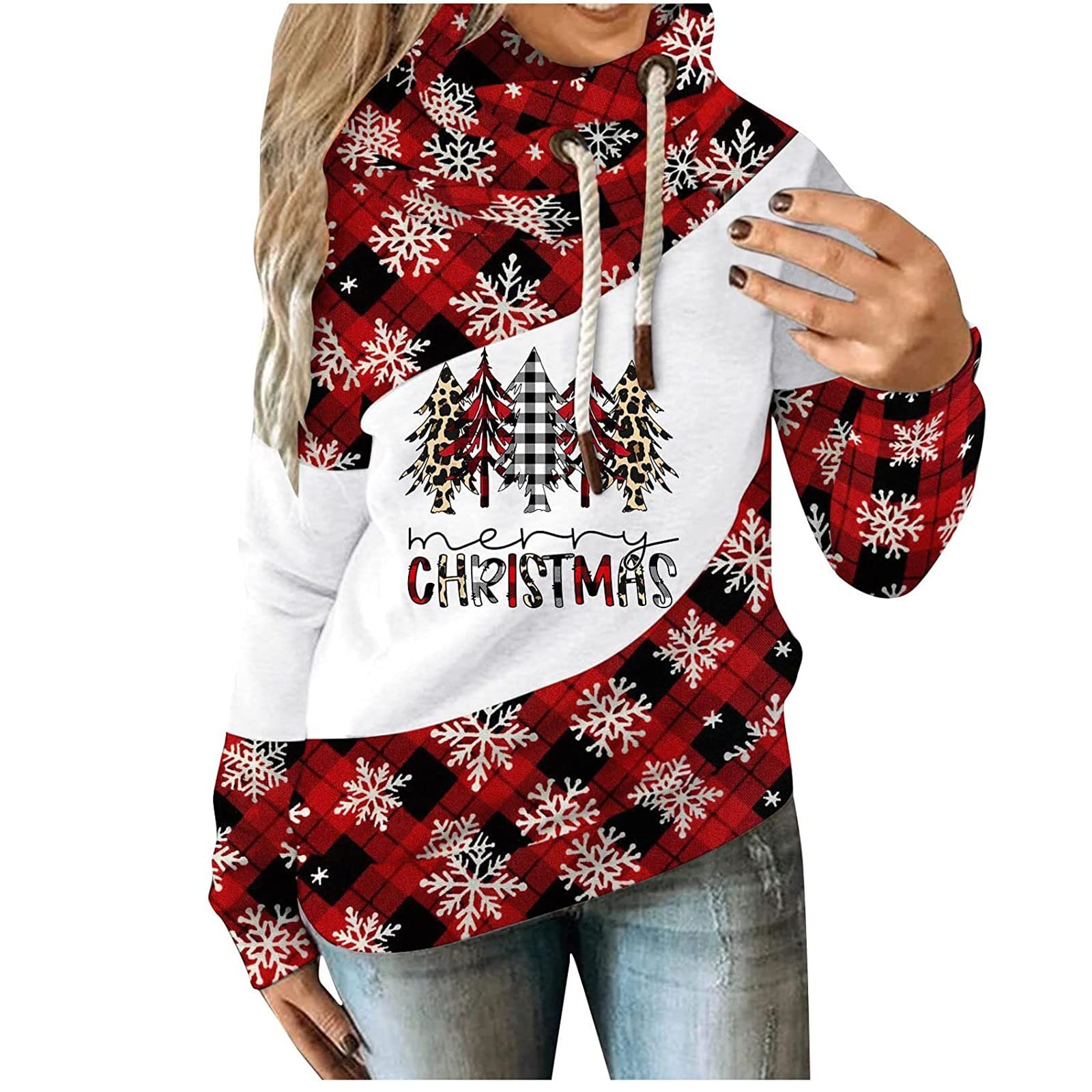 Women's Loose Fit Plaid Print Long Sleeve Hooded Sweatshirt - Winter Warm Fleece Lined Pullover for Christmas, Casual Outfits & Cozy Loungewear