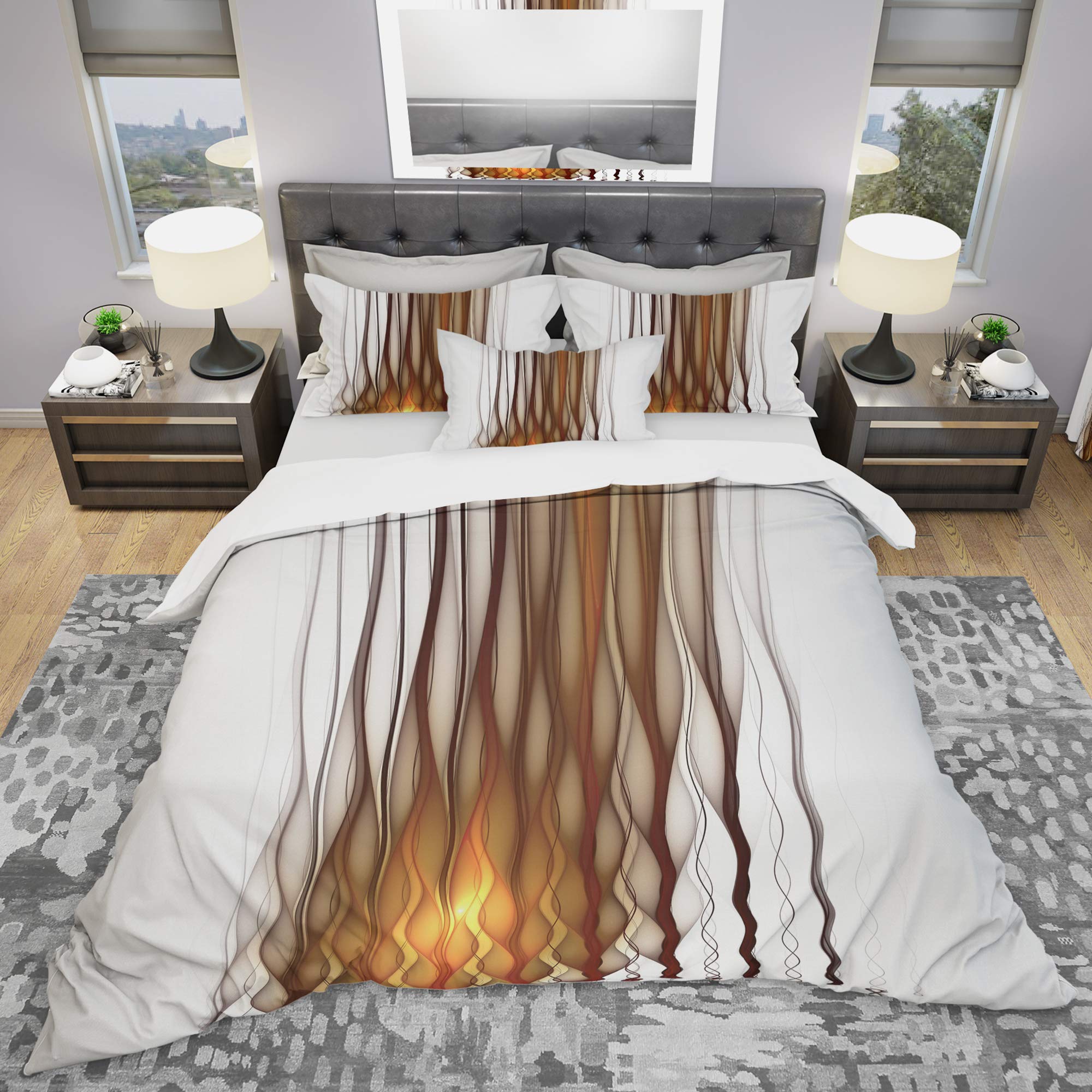 Fractal Flames Duvet Cover Set King - Yellow Abstract Bedding for Modern Bedrooms
