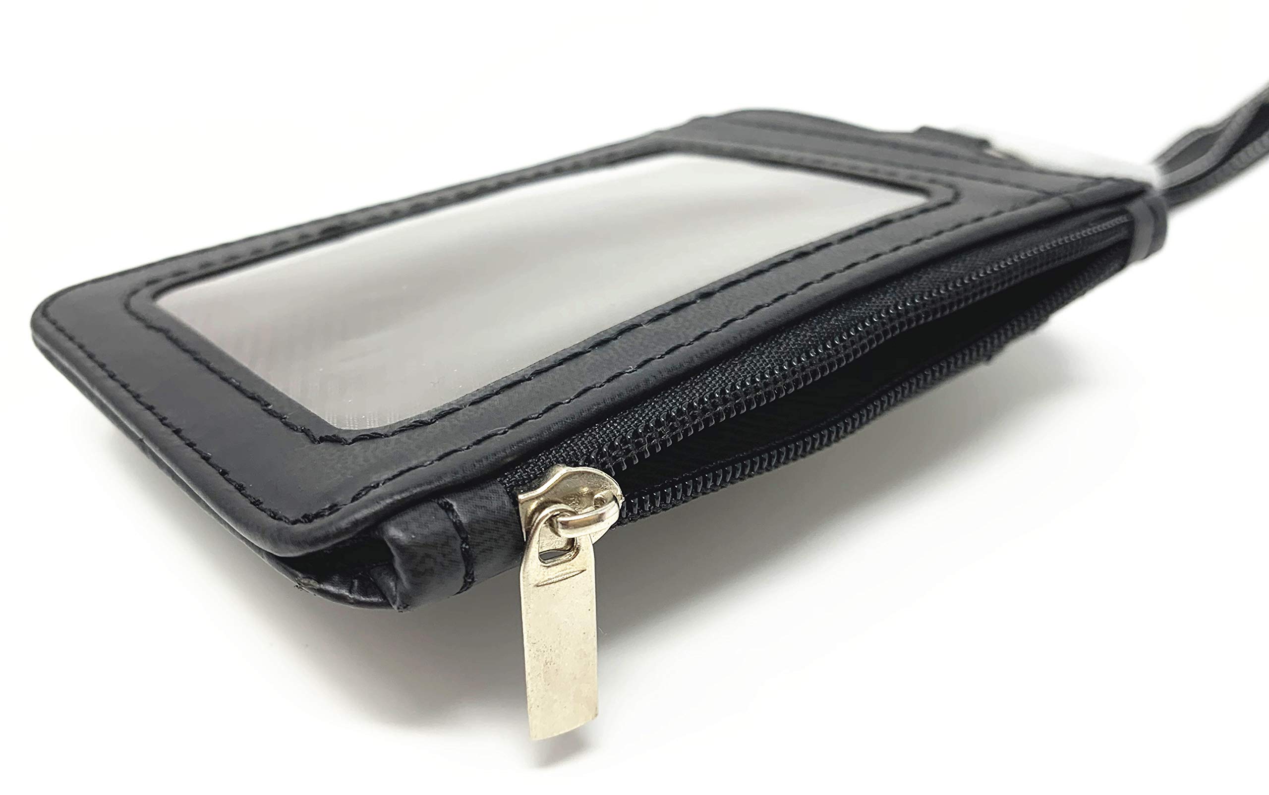 PU Leather Vertical ID Badge Holder with Zip - Slim Double Sided RFID Blocking Wallet Case with 5 Card Slots & Zipper Pocket - Includes Neck Lanyard & Retractable Reel (Black) - Perfect for Office, Security, Events & Conventions