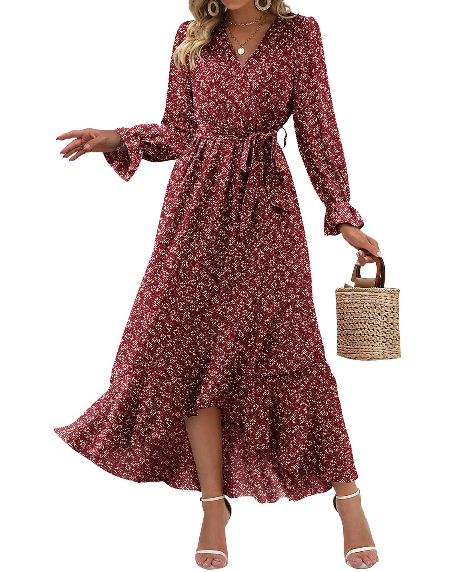 BTFBM Women's Floral V-Neck Long Sleeve Boho Dress - High Waist Ruffle Summer Wedding Guest Dress for Spring/Summer 2025 | Perfect for Garden Parties, Bridal Showers & Formal Events