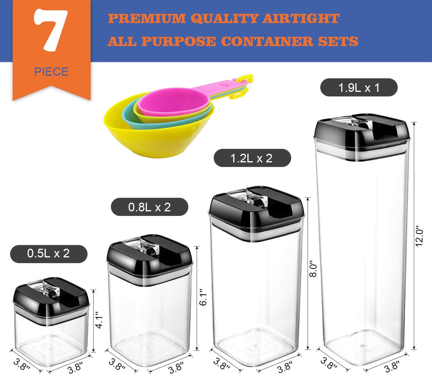 7-Piece Airtight Food Storage Containers Set - BPA-Free Plastic Cereal Containers with Easy-Lock Lids & Accessories (Label Marker & Measuring Cup) for Kitchen Pantry Organization - Perfect for Dry Food, Snacks, Flour, Rice & Meal Prep Storage