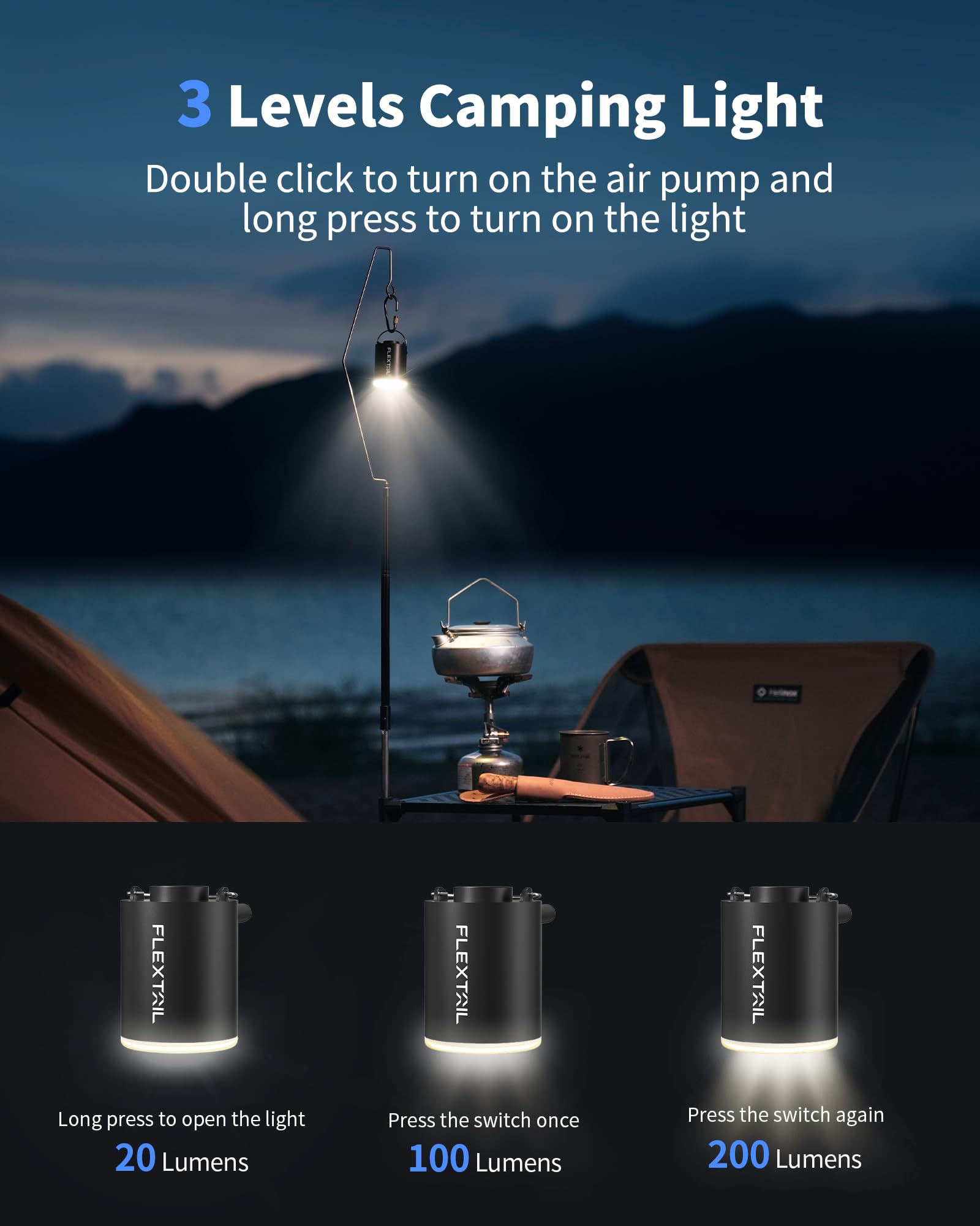 Portable Air Pump for Inflatables with Built-in Camping Light - 1.6oz 4kPa Rechargeable Electric Pump for Air Mattress, Pool Floats, Swimming Rings & Vacuum Storage Bags | Perfect for Camping, Travel, Beach & Home Use