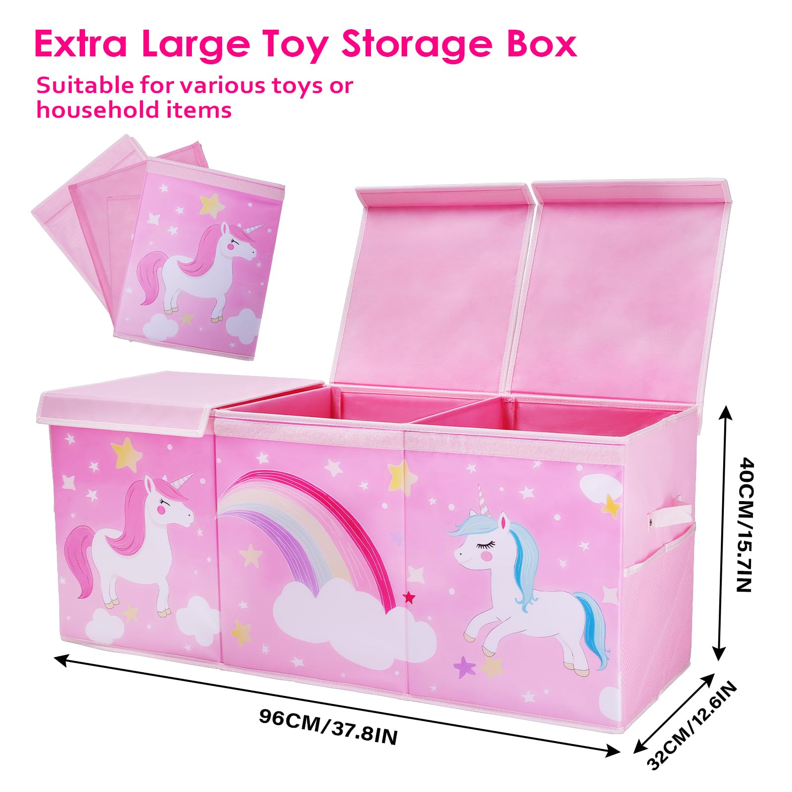 Extra Large Unicorn Toy Storage Box with Flip Lid - Collapsible Kids Toy Chest with Handles & Mesh Pockets, Waterproof Organizer for Bedroom & Playroom (37.7×12.5×15.7 Inch) - Perfect for Stuffed Animals, Legos & Kids Toys Organization