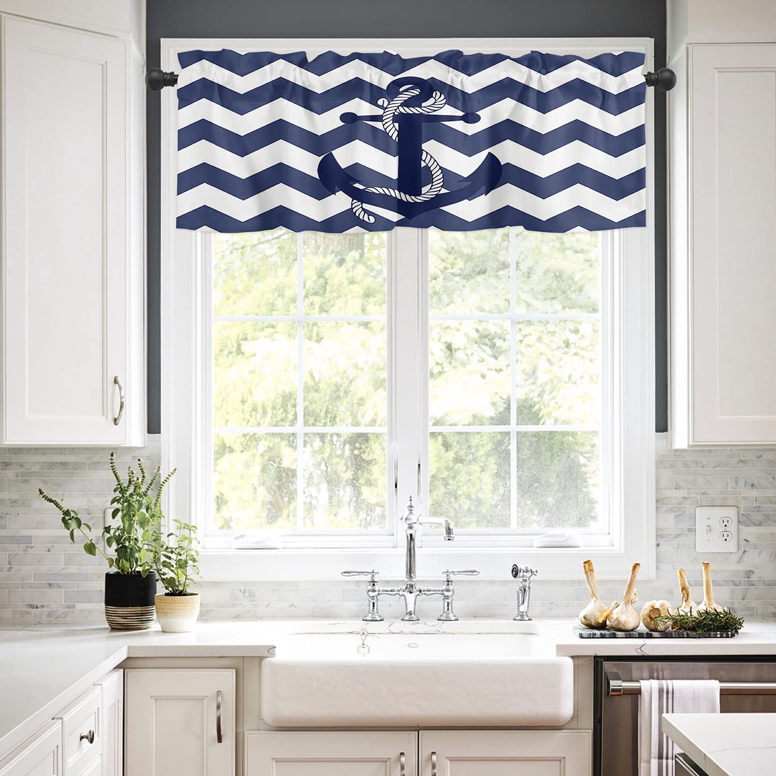 Nautical Anchor Navy Blue and White Stripe Chevron Valance Curtains - 54x18 Inch Rod Pocket Window Treatment for Kitchen, Living Room, Bedroom | Coastal Home Decor & Marine Theme Interior Design
