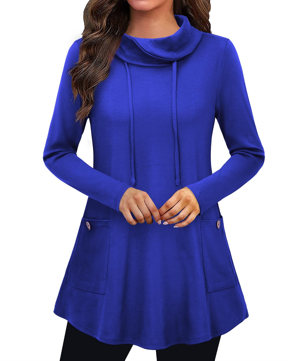 Bulotus Women's Long Sleeve Cowl Neck Tunic Top with Pockets - Stylish Casual Blouse for Work, Date Night & Fall Outfits | Comfortable Loose Fit T-Shirt for Everyday Wear
