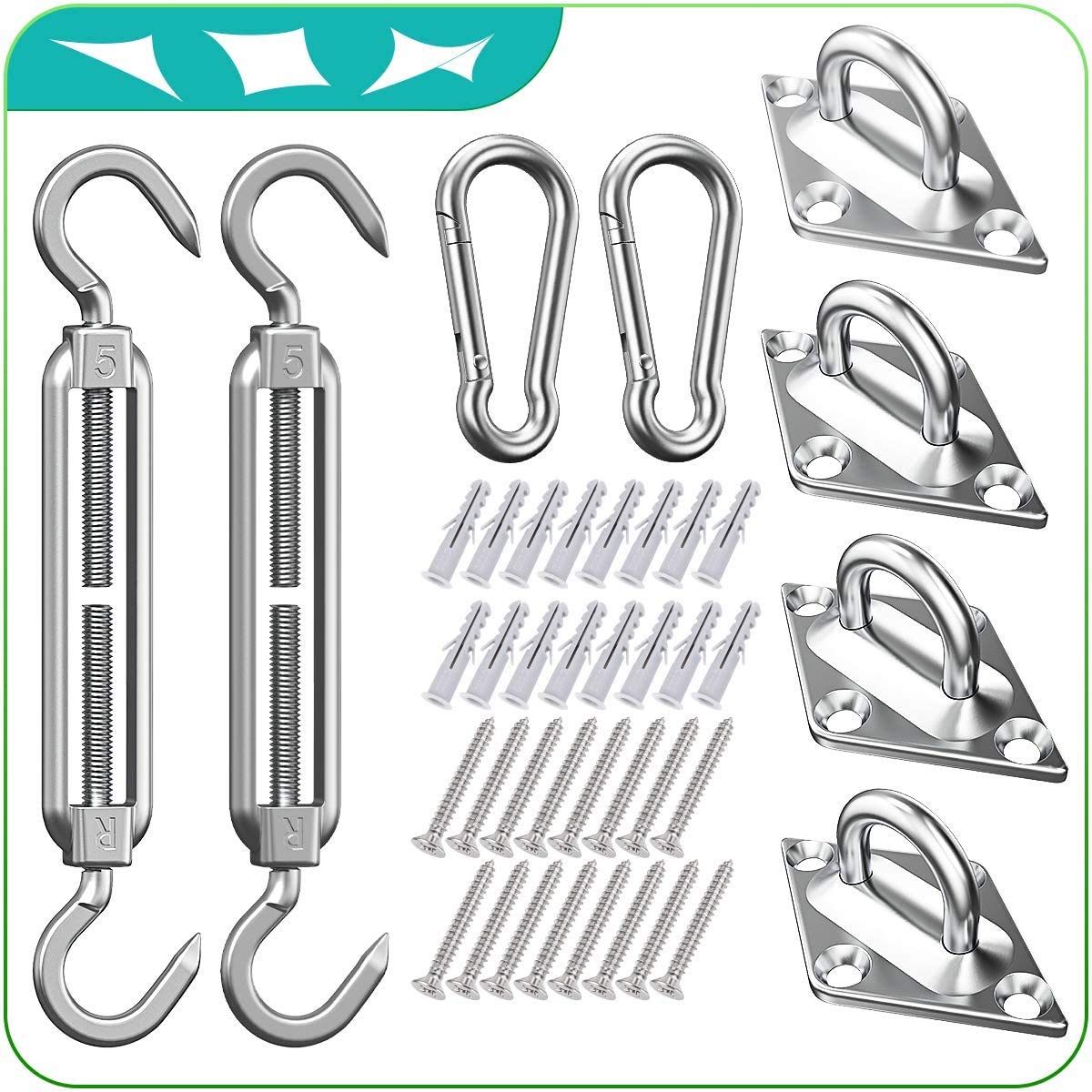 6' Heavy Duty Anti-Rust Shade Sail Hardware Kit (40Pcs) for Rectangular, Square & Triangular Sun Shade Installation - Perfect for Patio, Lawn, Garden, Poolside & Outdoor Relaxation Areas