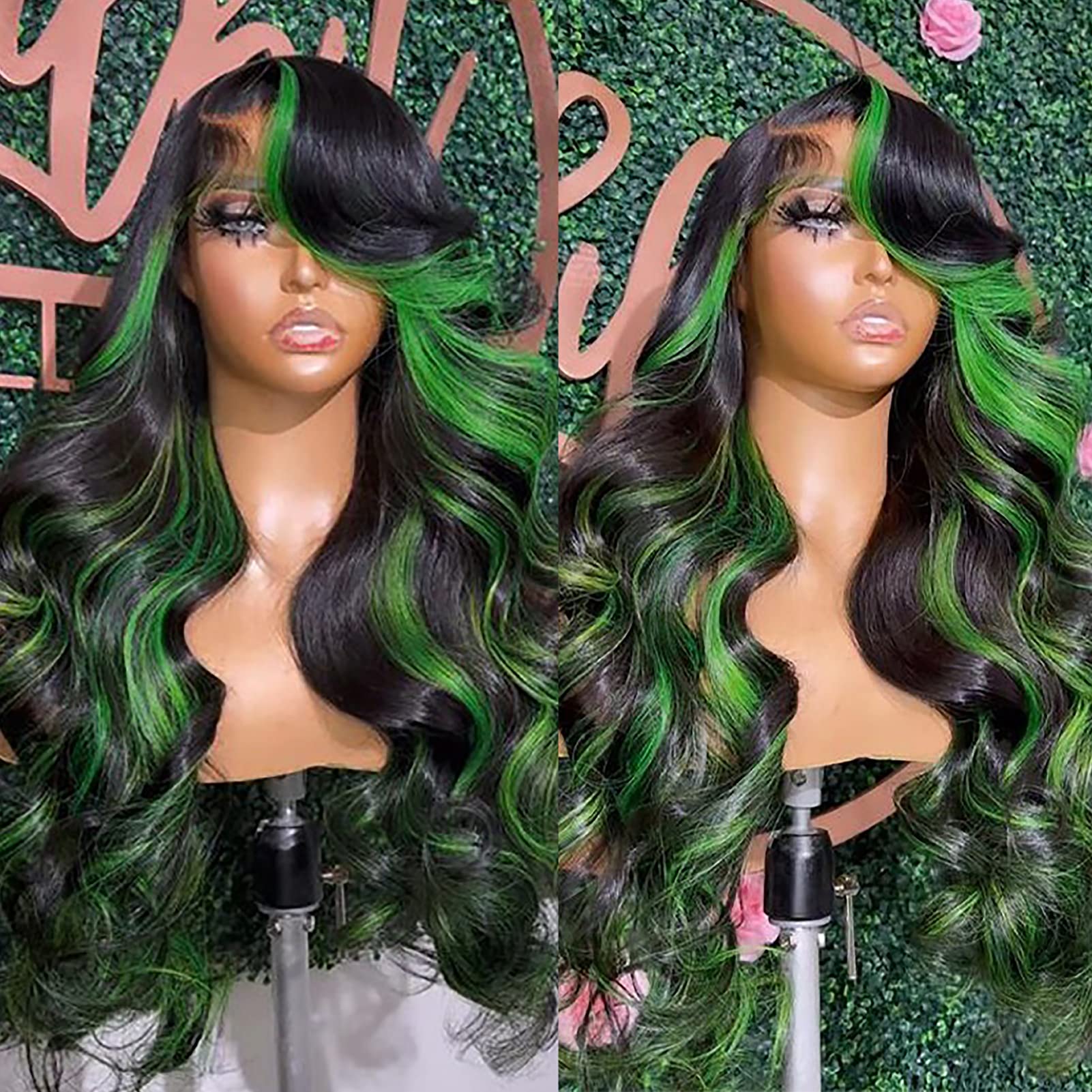 BLG 180% Density Green Human Hair Wig - 13x6 Lace Front Wig with Baby Hair, Pre-Plucked Body Wave Virgin Hair, 26 Inch Black & Green Colored Lace Frontal Wig for Cosplay, Halloween, Fashion Shows and Daily Wear