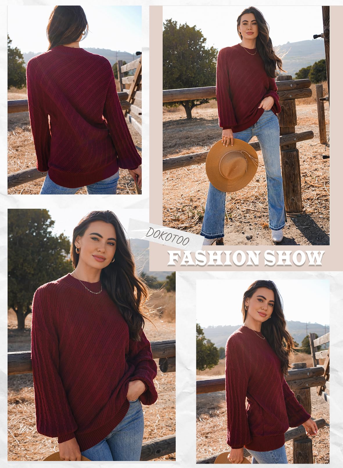 Dokotoo Women's 2024 Fall Sweaters - Fashion Cable Knit Mock Neck Lantern Sleeve Casual Loose Pullover Tops | Cozy Autumn Outfits & Layering Essentials