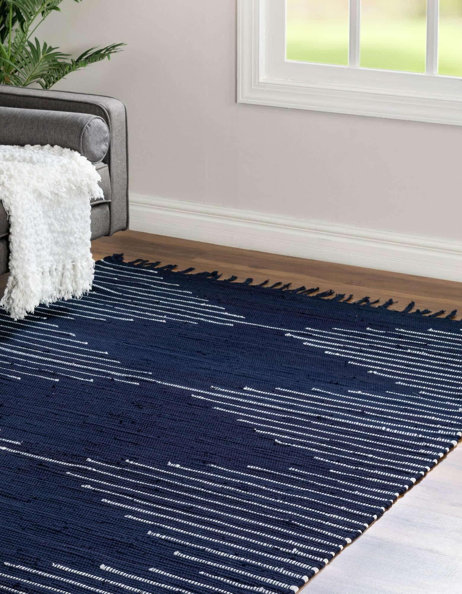 Unique Loom Chindi Cotton Collection Area Rug - Briah (10'x14' Rectangle, Navy Blue/Ivory) | Soft & Durable Handwoven Rug for Living Room, Bedroom & Home Decor