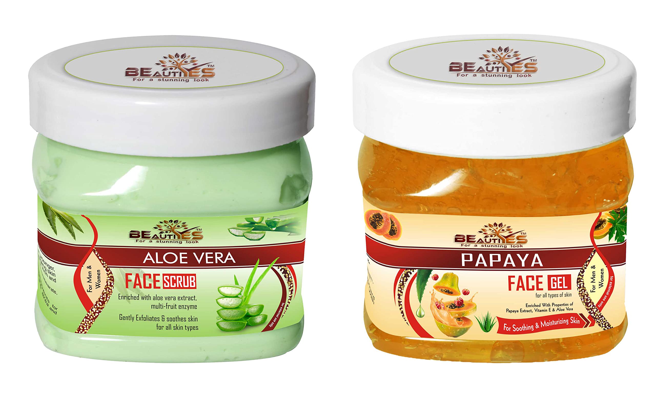 BeautiYes Aloe Vera Face Scrub & Papaya Face Gel Set - 450gm Each | Soothing & Moisturizing Skincare for All Skin Types | Enriched with Papaya Extract, Vitamin E & Aloe Vera | Perfect for Daily Exfoliation & Hydration | Ideal for Sensitive, Dry & Acne-Prone Skin Care Routine