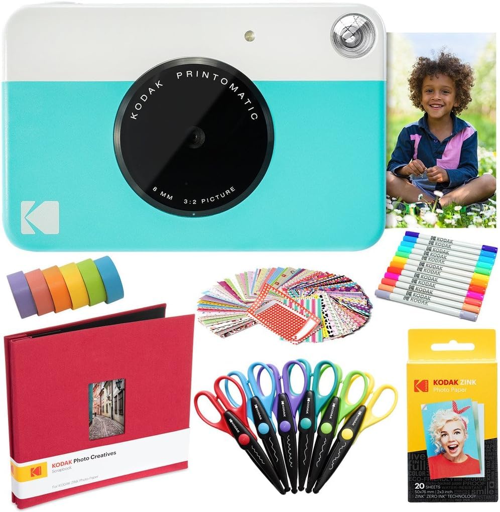 KODAK Printomatic Instant Camera (Blue) with 20 Zink Photo Papers, Scrapbook, Markers, Stickers, Scissors & Washi Tape - Perfect for DIY Crafts, Memory Keeping & Creative Gift Giving