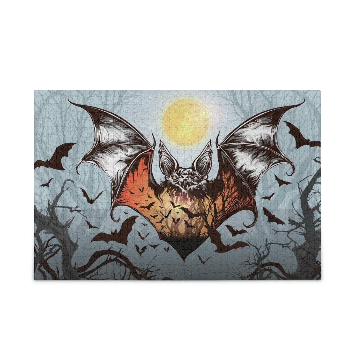 Halloween 1000 Piece Jigsaw Puzzle for Adults & Kids - Flying Bats Wooden Puzzle with Storage Bag | Fun & Challenging Halloween Activity for Family Game Night & Party Decor