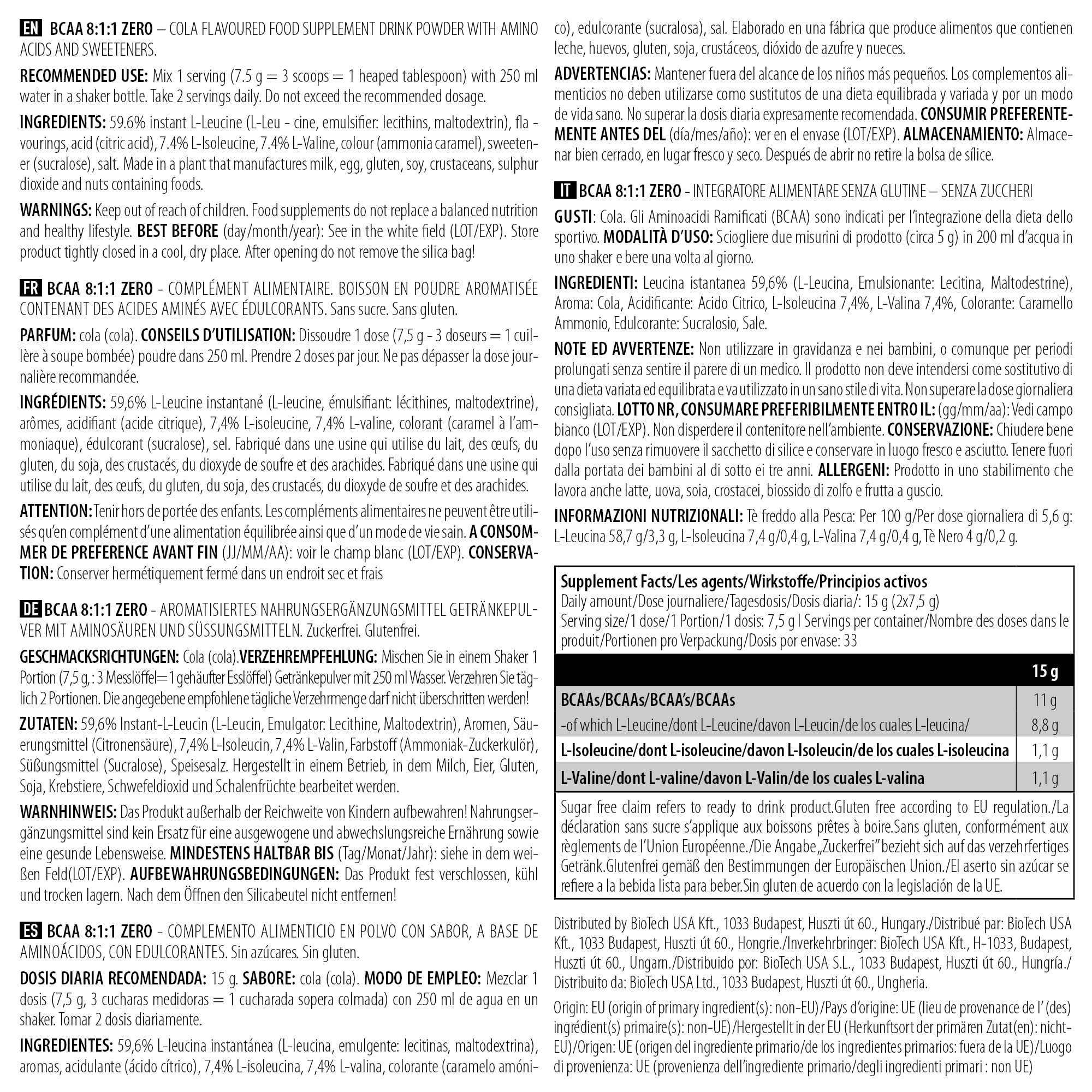 BioTechUSA BCAA 8:1:1 Zero Supplement - 250g Cola Flavor for Muscle Recovery & Endurance | Pre-Workout & Post-Workout Drink Mix