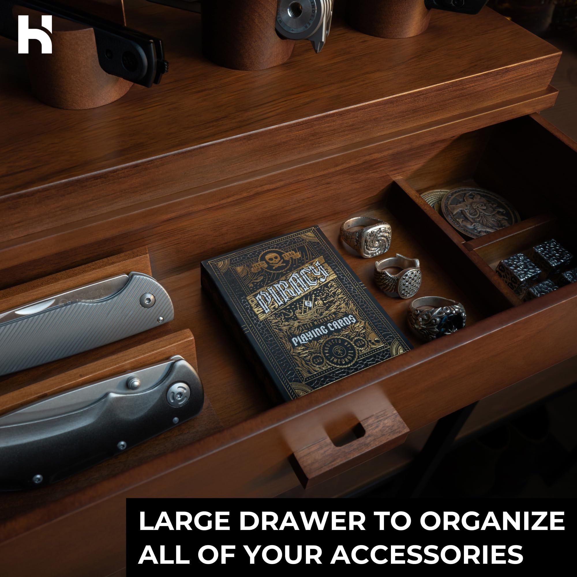 Premium Knife Deck – 6-Pocket Wooden Knife Display Case with Accessory Drawer | Perfect Knife Organizer & Collector's Gift for Men | Lifetime Warranty | Ideal for Home, Office, or Camping Use