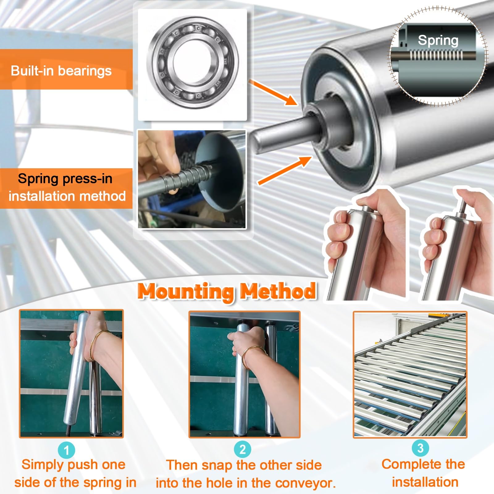 Durable Stainless Steel Industrial Conveyor Rollers - 2 Pack (60mm/2.4in Dia, 400mm/15.7in Length) for Factory Automation, Mower Assembly & Pet Fence Systems | Heavy-Duty Replacement Parts for Smooth Material Handling