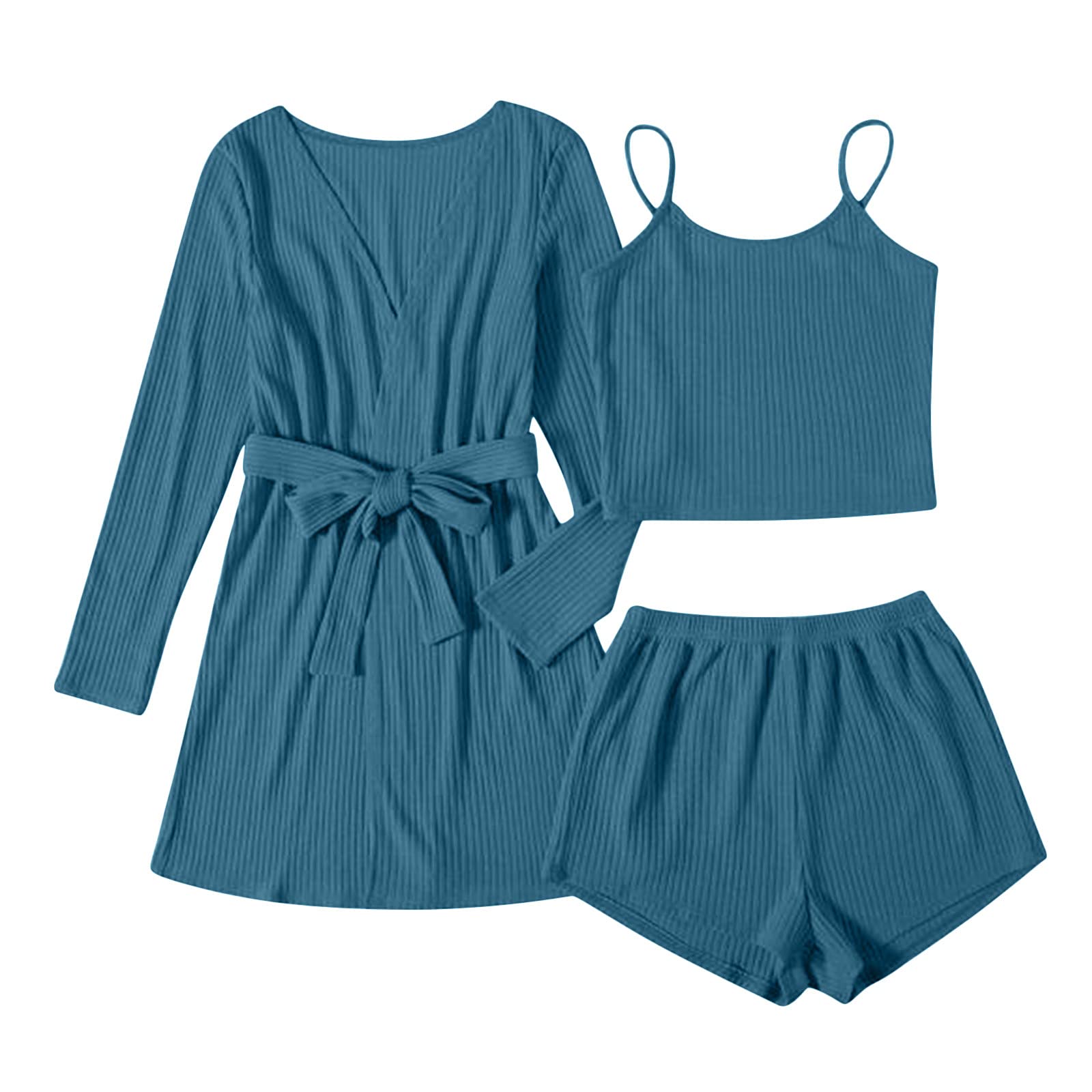 2021 Women's Sexy Knit 3-Piece Pajama Set - Strappy Crop Top, Shorts & Long Sleeve Robe - Soft Sleepwear & Lounge Pajamas for Comfortable Nights & Relaxing at Home