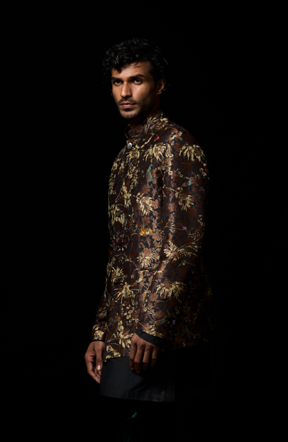 Elegant Black Bandhgala Silk Brocade Jacket for Men | Traditional Indian Wedding Attire | Perfect for Festivals, Parties & Formal Occasions