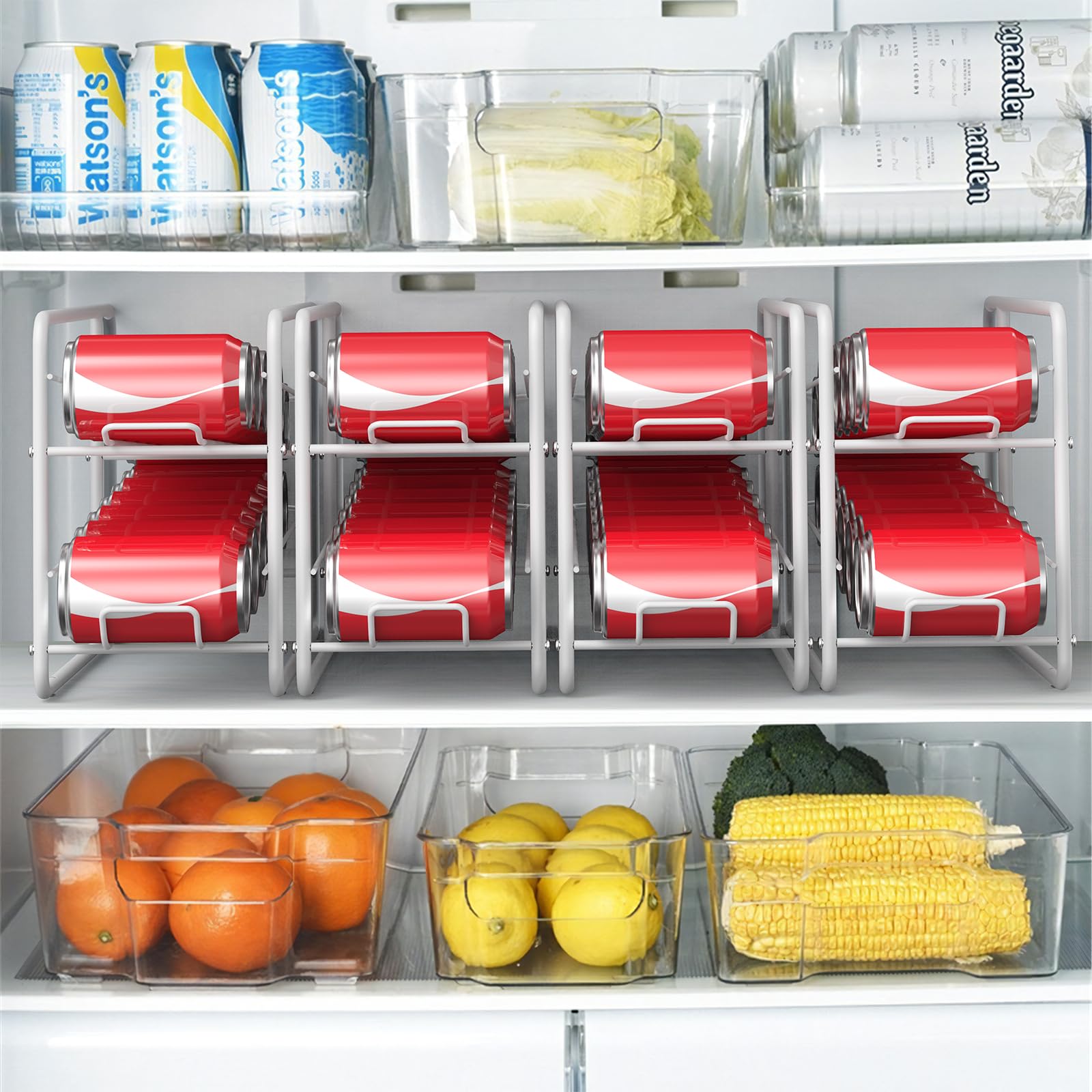 MOOACE 4 Pack Stackable Can Dispenser Rack - Space Saving Can Storage Organizer for Kitchen Cabinet, Pantry & Countertop (White) - Perfect for Organizing Canned Food, Soup, Vegetables & Beverages