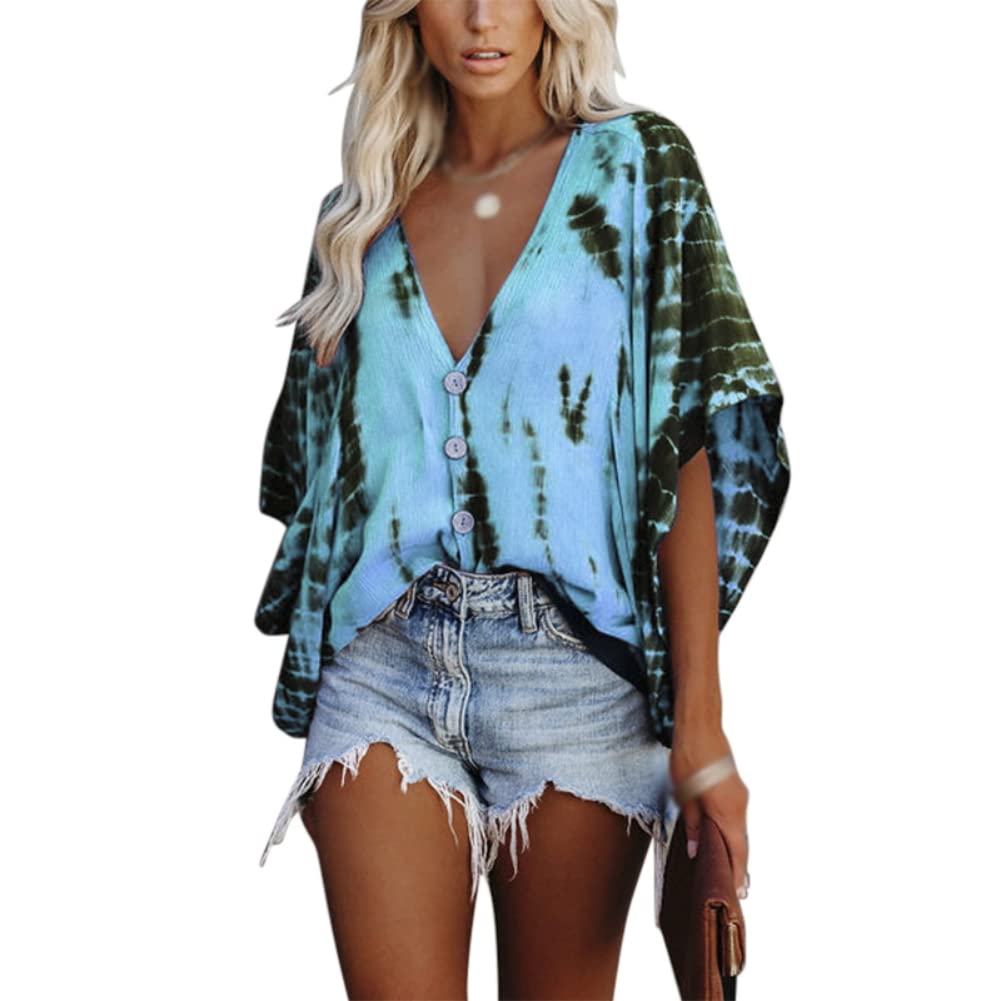 ICTOLOGY Women's Summer Casual Batwing Sleeve V-Neck Blouse - Loose Flowy Button Down Shirt for Women - Perfect for Beach Outings, Office Wear & Weekend Brunch