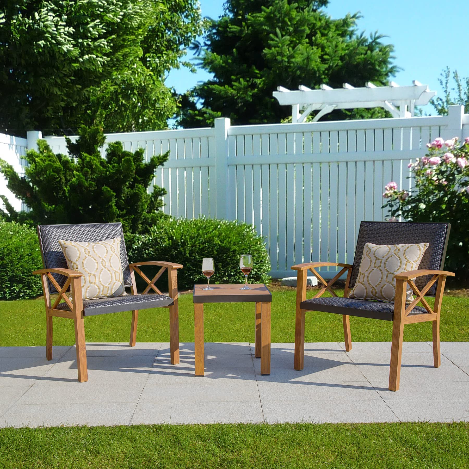 Domi 3-Piece Patio Bistro Set - Wood Grain Aluminum Wicker Outdoor Furniture with Padded Chairs & Coffee Table, Beige Waterproof Cushions - Perfect for Porch, Garden, Balcony & Backyard Relaxation