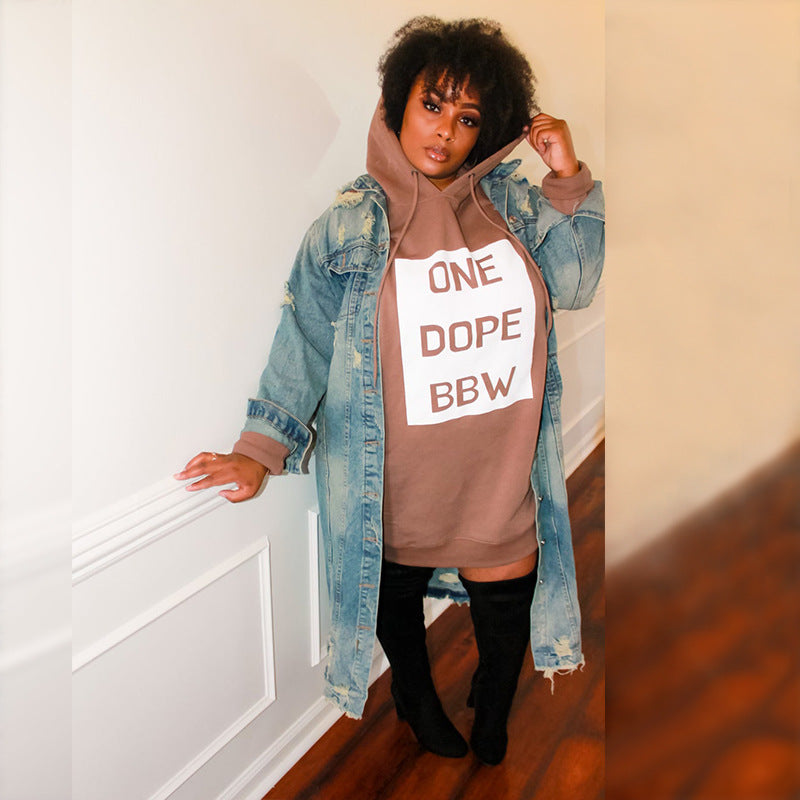 Plus Size Women's Letter Print Hoodie Dress - Casual Loose Mini Sweater Dress for Spring | Lounge Wear, Street Fashion & Everyday Comfort