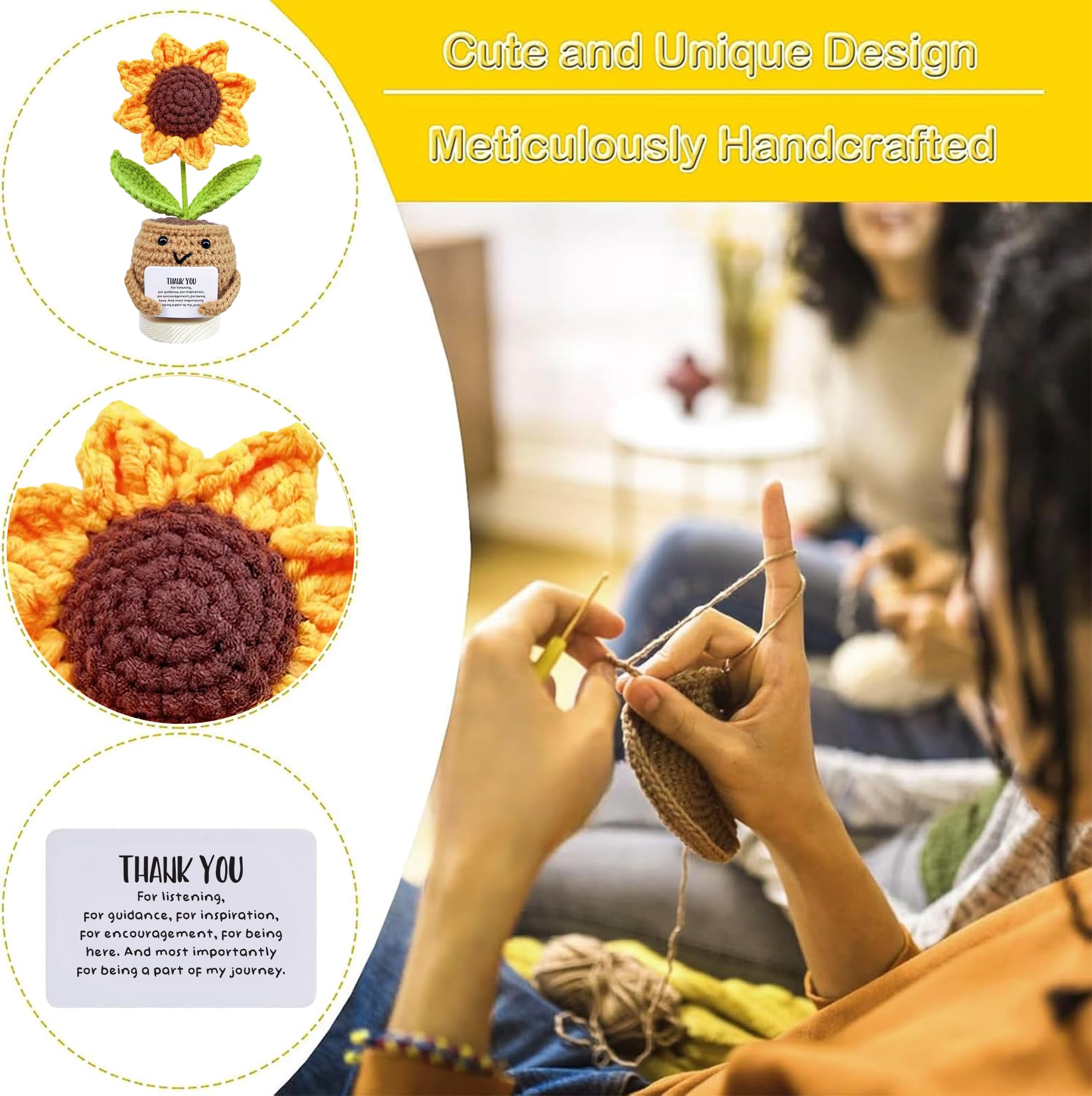 Gossby Handmade Sunflower Crochet Doll with Card - Appreciation Gift for Coworkers & Friends - Perfect for Christmas & Birthdays