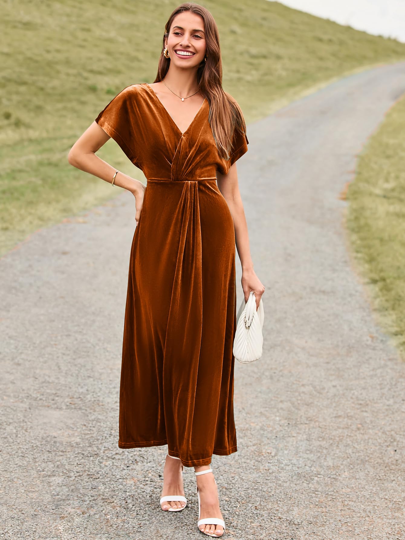 Simplee Women's Velvet Maxi Dress - Short Sleeve V-Neck Bodycon Gown for Fall Wedding Guest, Prom & Formal Occasions | Elegant Twiss Front Long Dress for Parties, Dinner Dates & Special Events