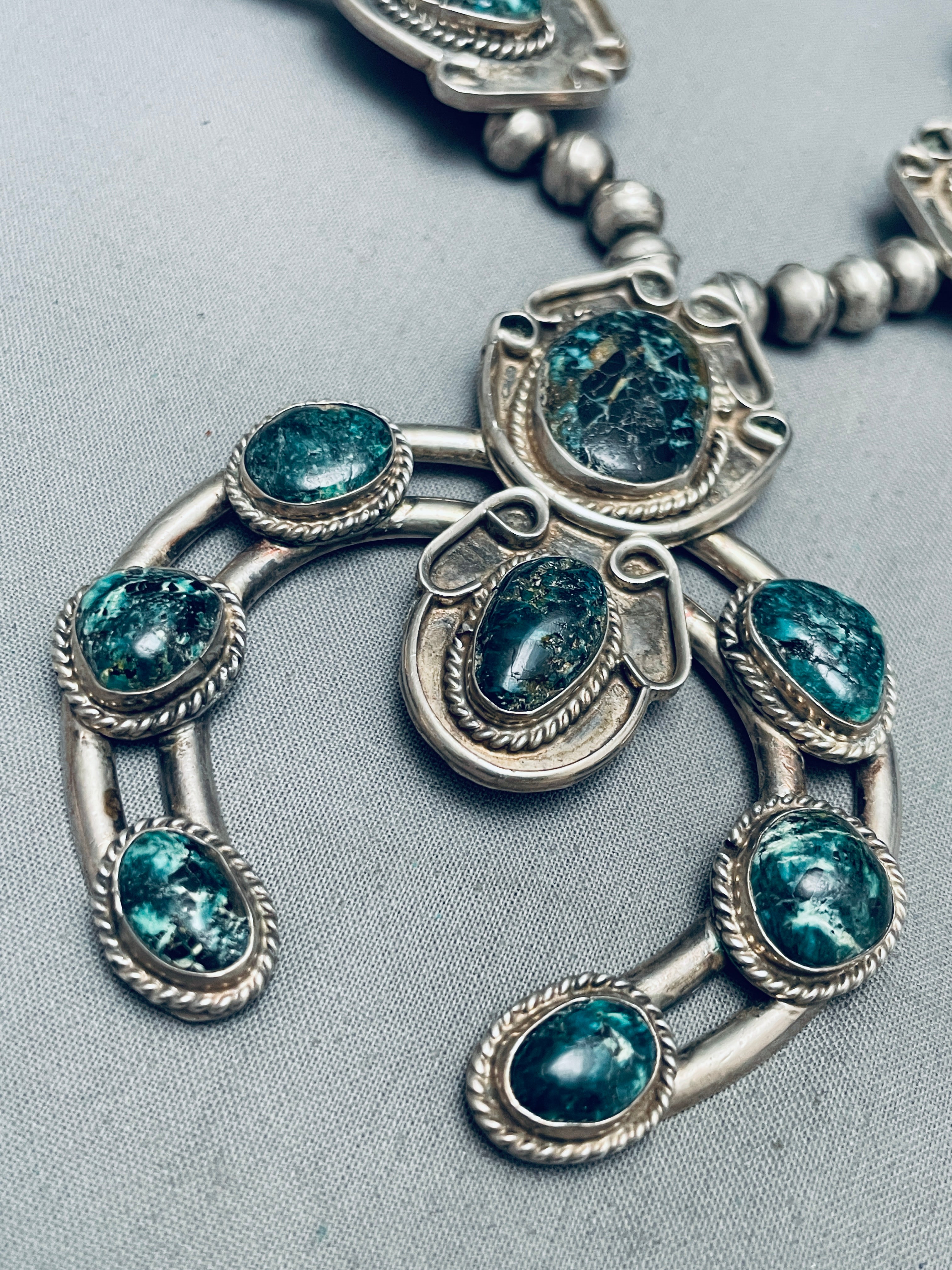 200g Vintage Navajo Turquoise Sterling Silver Squash Blossom Necklace - Authentic Native American Jewelry for Women, Perfect for Boho Fashion & Special Occasions