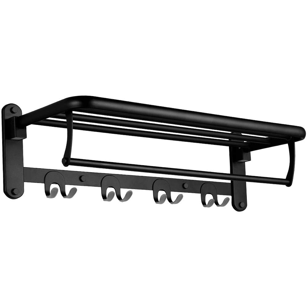 HOONEX Foldable Stainless Steel Towel Rack - 24 Inch Wall Mounted Bathroom Organizer with Adjustable Towel Bar & Hooks - Space Saving 304 Stainless Steel Towel Holder for Small Bathrooms, Laundry Rooms & RVs - Black