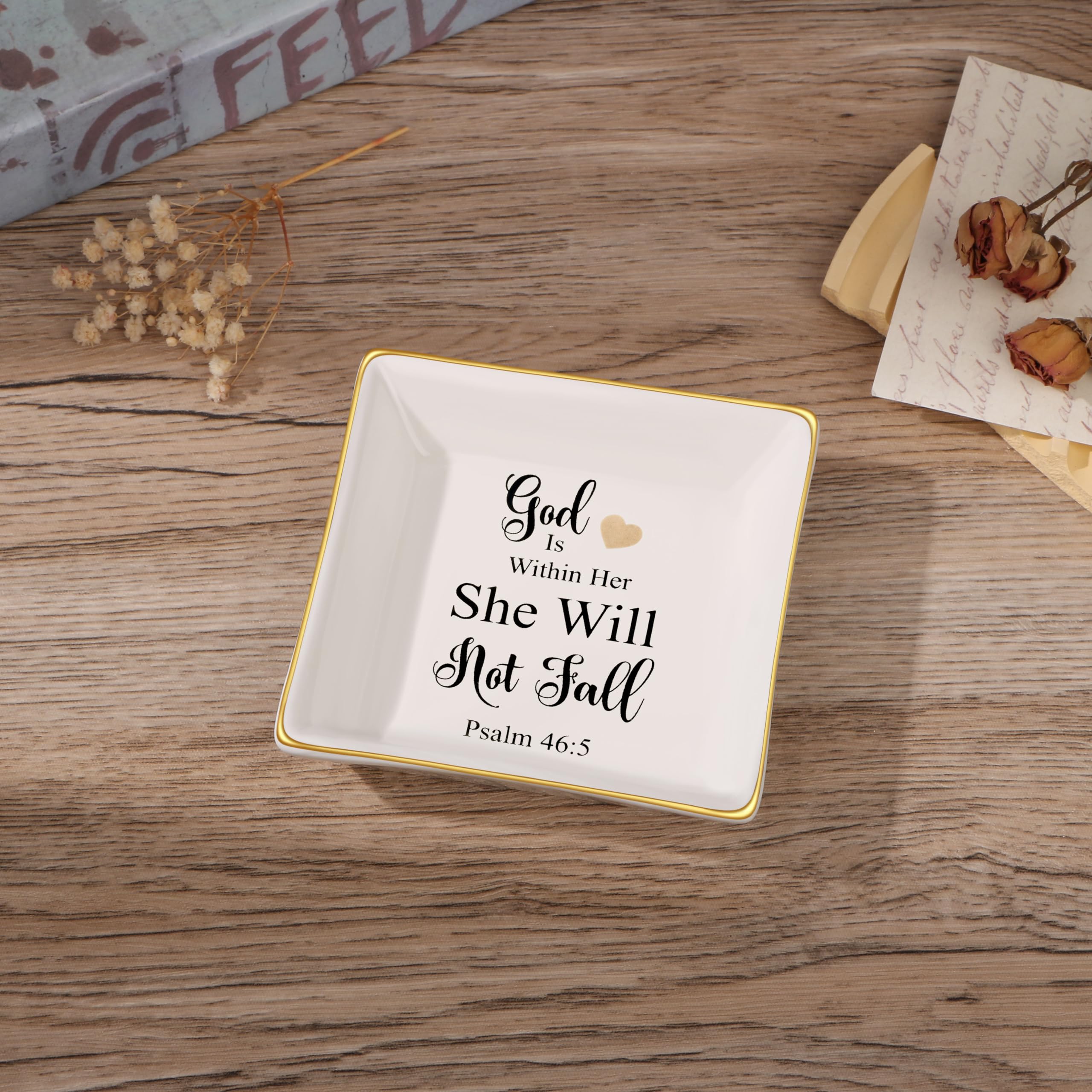 JoycuFF Christian Jewelry for Women - Religious Encouragement Ring Dish, Inspirational Gifts for Sister, Mother, Daughter & Aunt - 'God Is Within Her She Will Not Fall' Bible Verse Home Decor - Perfect for Prayer Time, Bible Study & Faith-Based Gift Giving