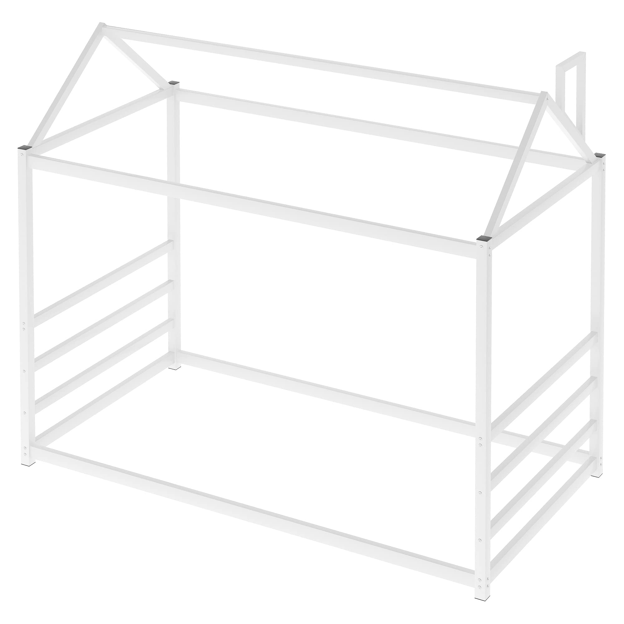 Merax Twin Platform Bed Frame with Roof & Chimney Design - Metal House Style Floor Bed for Kids & Teens (White) | No Slats Needed | Perfect for Bedrooms, Playrooms & Themed Decor