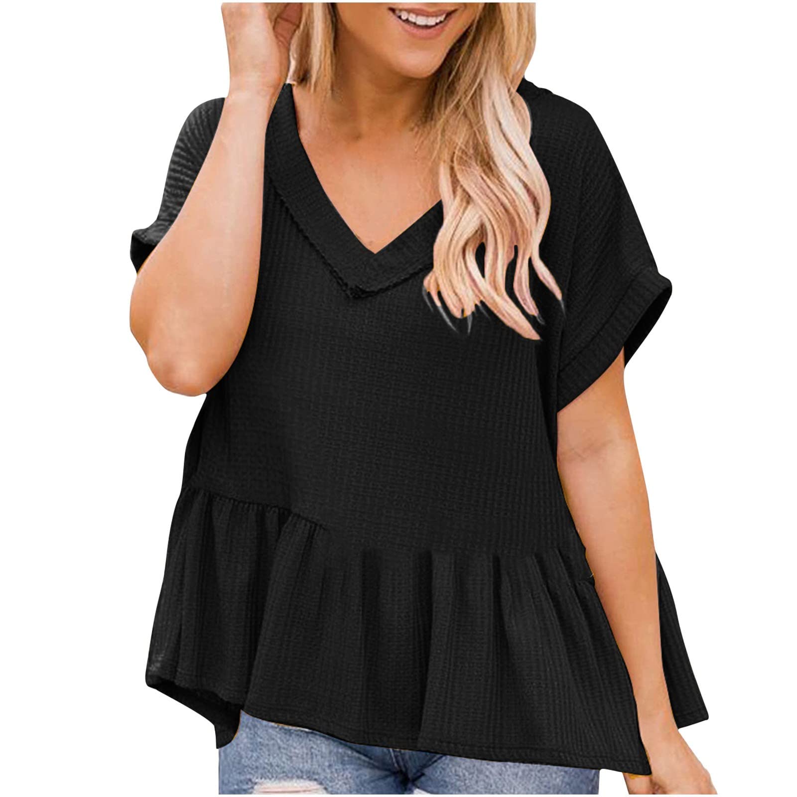 Trendy Women's Summer V-Neck Waffle Pleated Ruffled Blouse - Flowy Loose Casual T-Shirt for Beach, Vacation & Everyday Wear