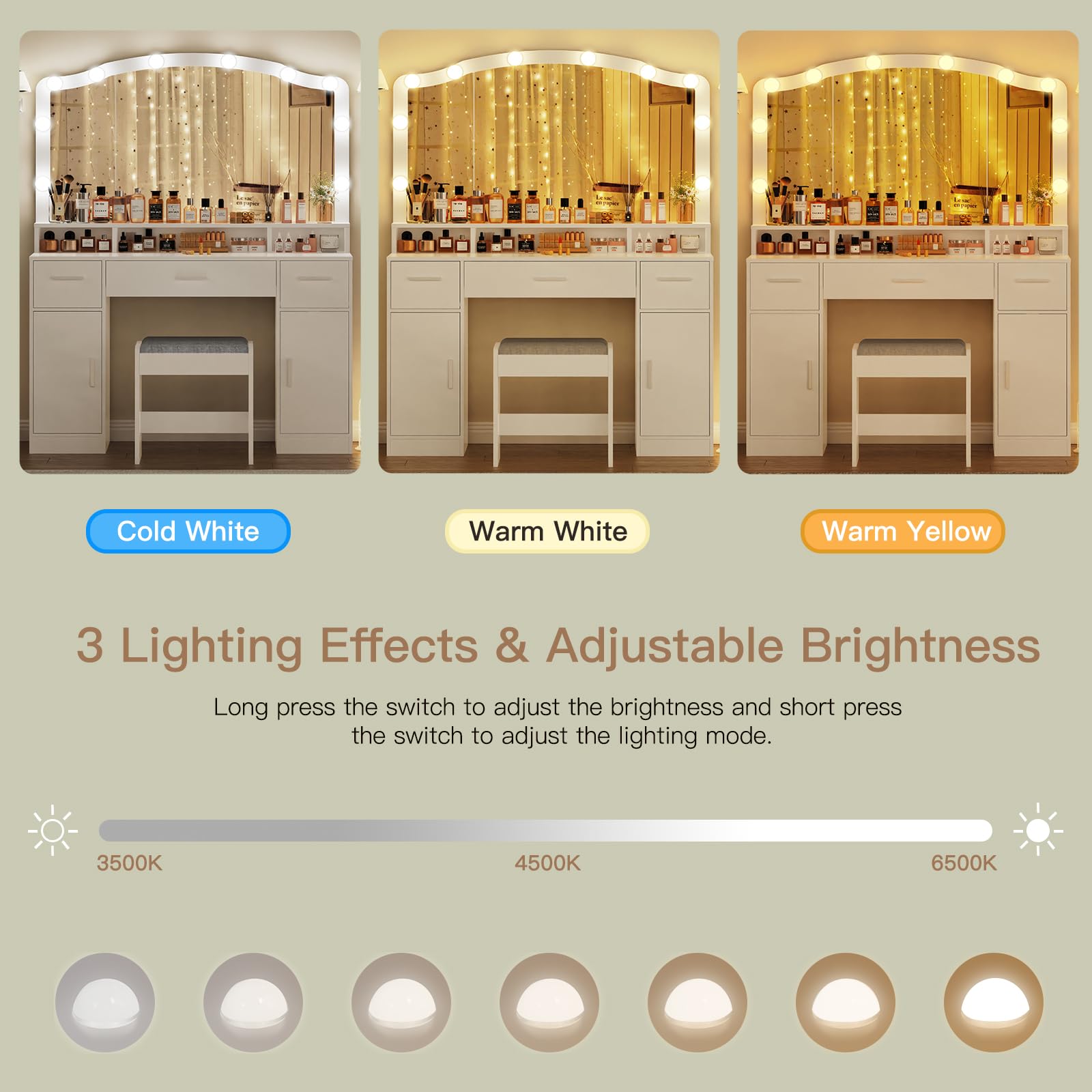 USIKEY White Makeup Vanity with Lights - 10 LED Dressing Table with 3 Drawers, 2 Cabinets & Storage Shelf, Includes Stool - Perfect for Women & Girls Bedroom, Beauty Salon or Dressing Room